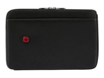 Eine schwarze Laptop-Tasche mit einem kleinen roten Schweizer Kreuz-Emblem in der Ecke.