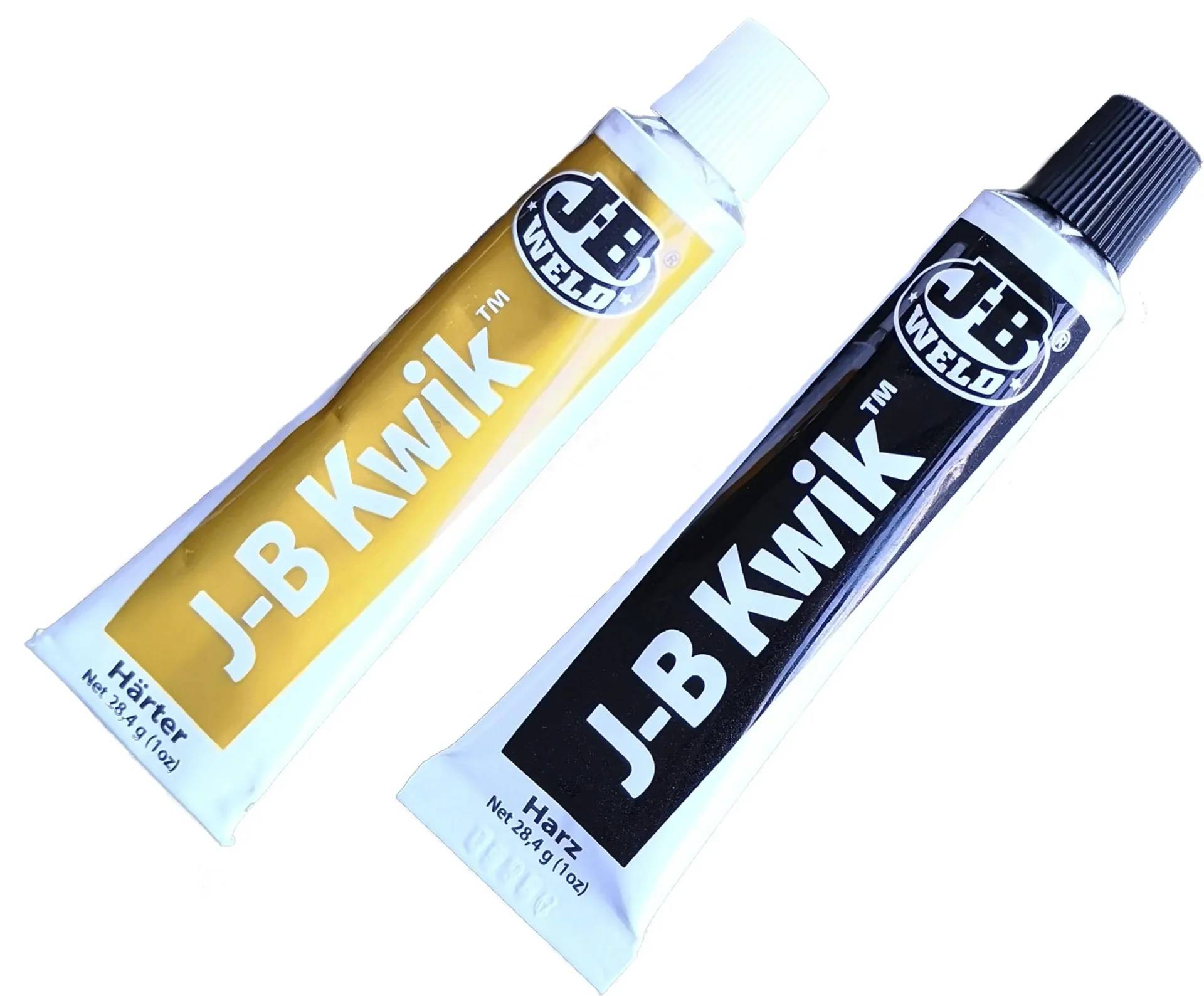 Zwei Tuben 'J-B Kwik', ein schnell härtendes Epoxid-Klebstoff. Eine Tube ist mit 'Härter' beschriftet und die andere mit 'Harz'. Jede enthält 28,4 g (1 oz).