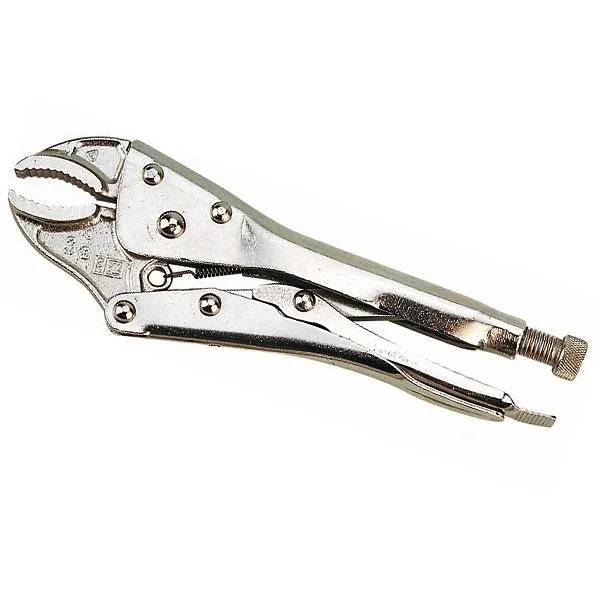 Eine Metallzange mit Schraubverschluss und verstellbaren Backen und einem Verriegelungsmechanismus, die zum sicheren Greifen und Festhalten von Gegenständen verwendet wird.