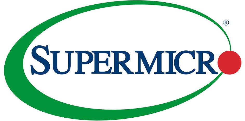 Das Bild zeigt das 'Supermicro'-Logo mit dem Text in Blau, umgeben von einem grünen Bogen.
