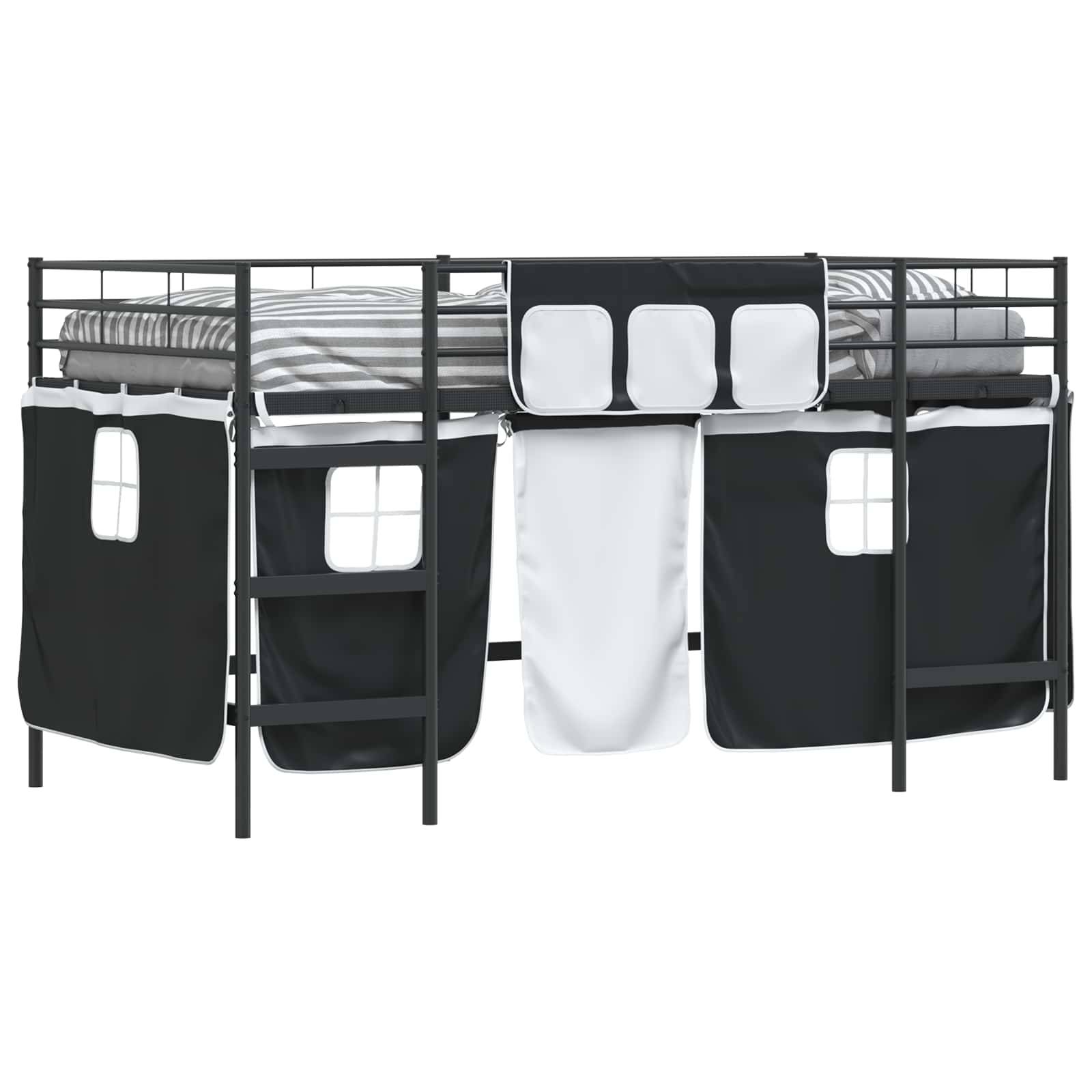 vidaXL Kinder Loft Bettgestell mit Vorhängen Uni Schwarz 90 x 200 cm