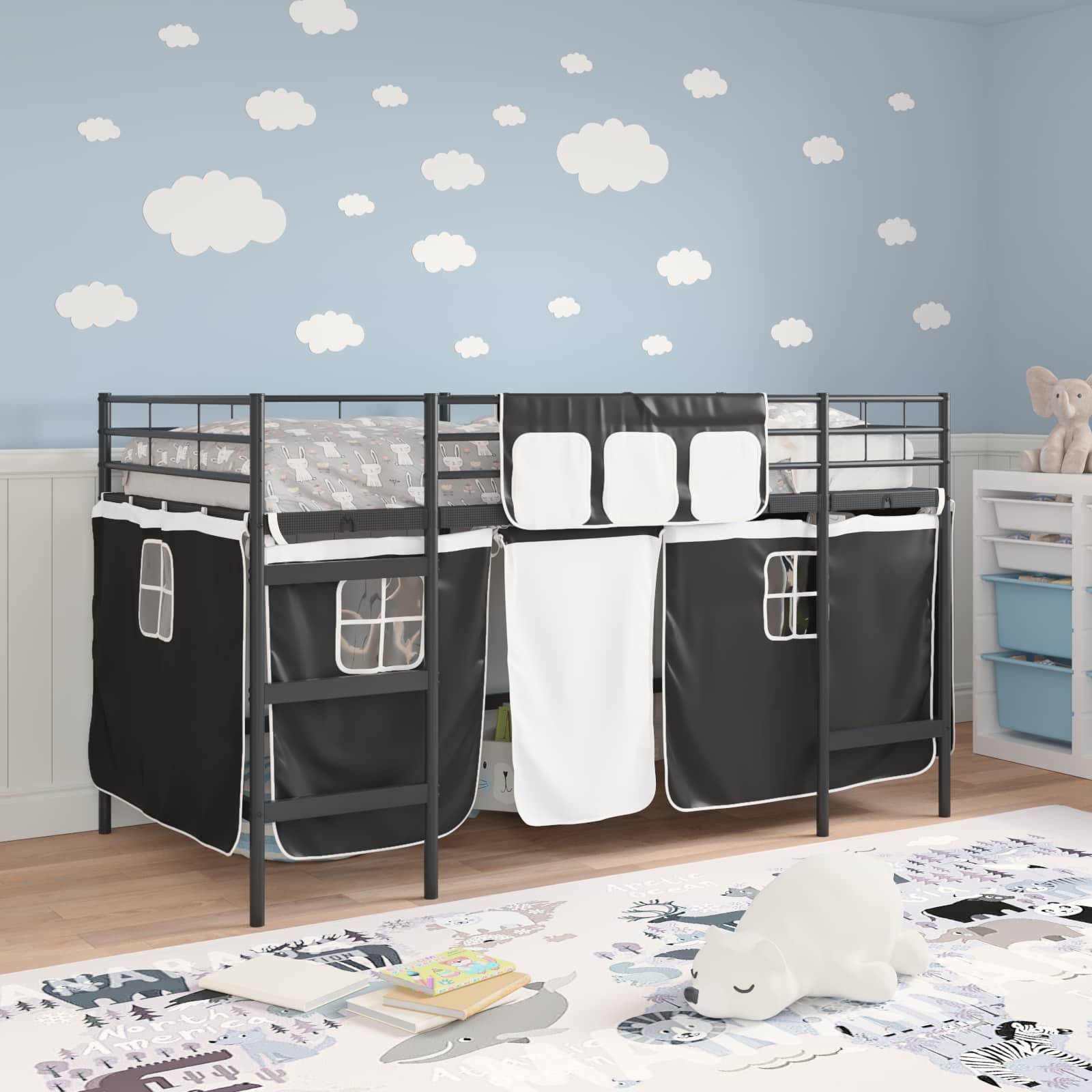 vidaXL Kinder Loft Bettgestell mit Vorhängen Uni Schwarz 100 x 200 cm