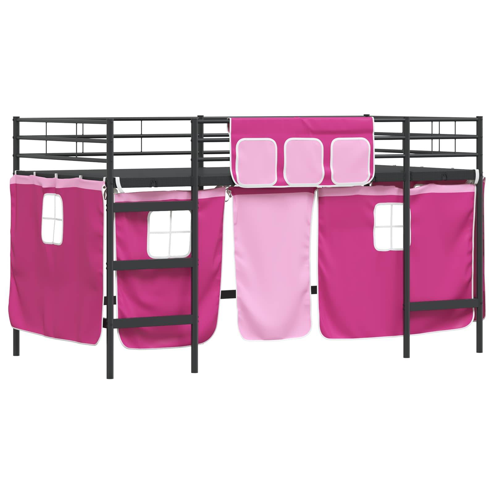 vidaXL Kinder Loft Bettgestell mit Vorhängen Uni Schwarz und Pink