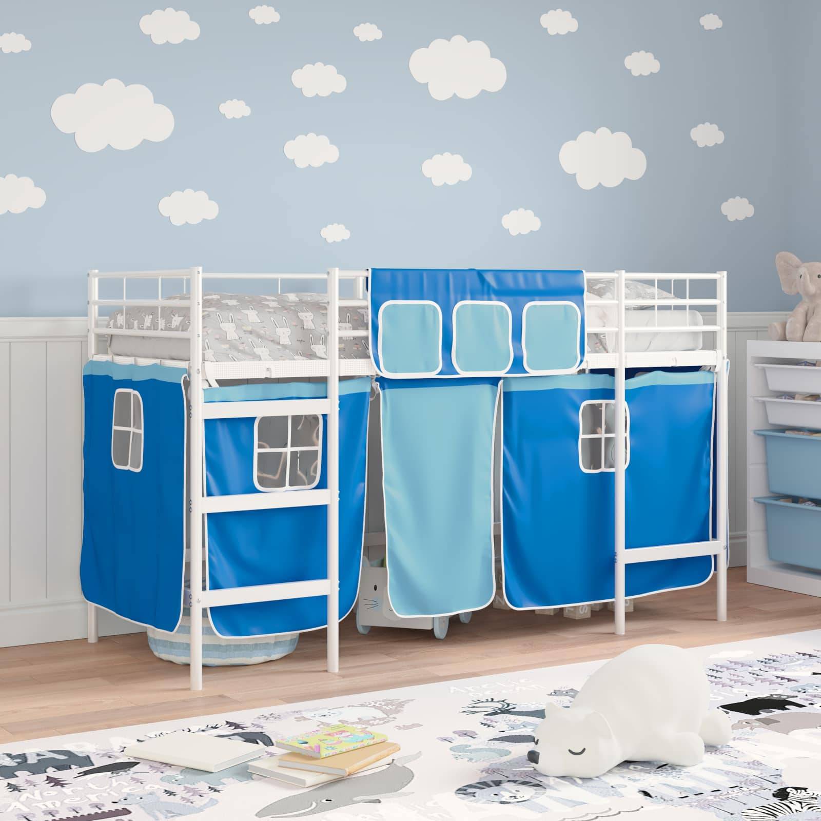 vidaXL Kinder Loft Bettgestell mit Vorhängen Weiß und Blau