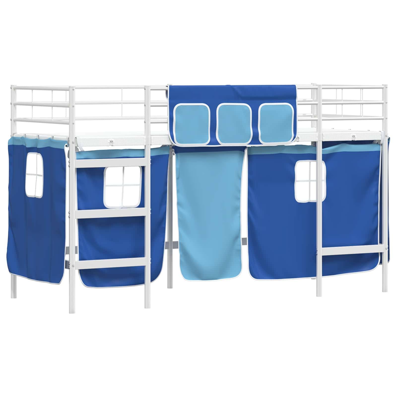 vidaXL Kinder Loft Bettgestell mit Vorhängen Weiß und Blau 75 x 190 cm