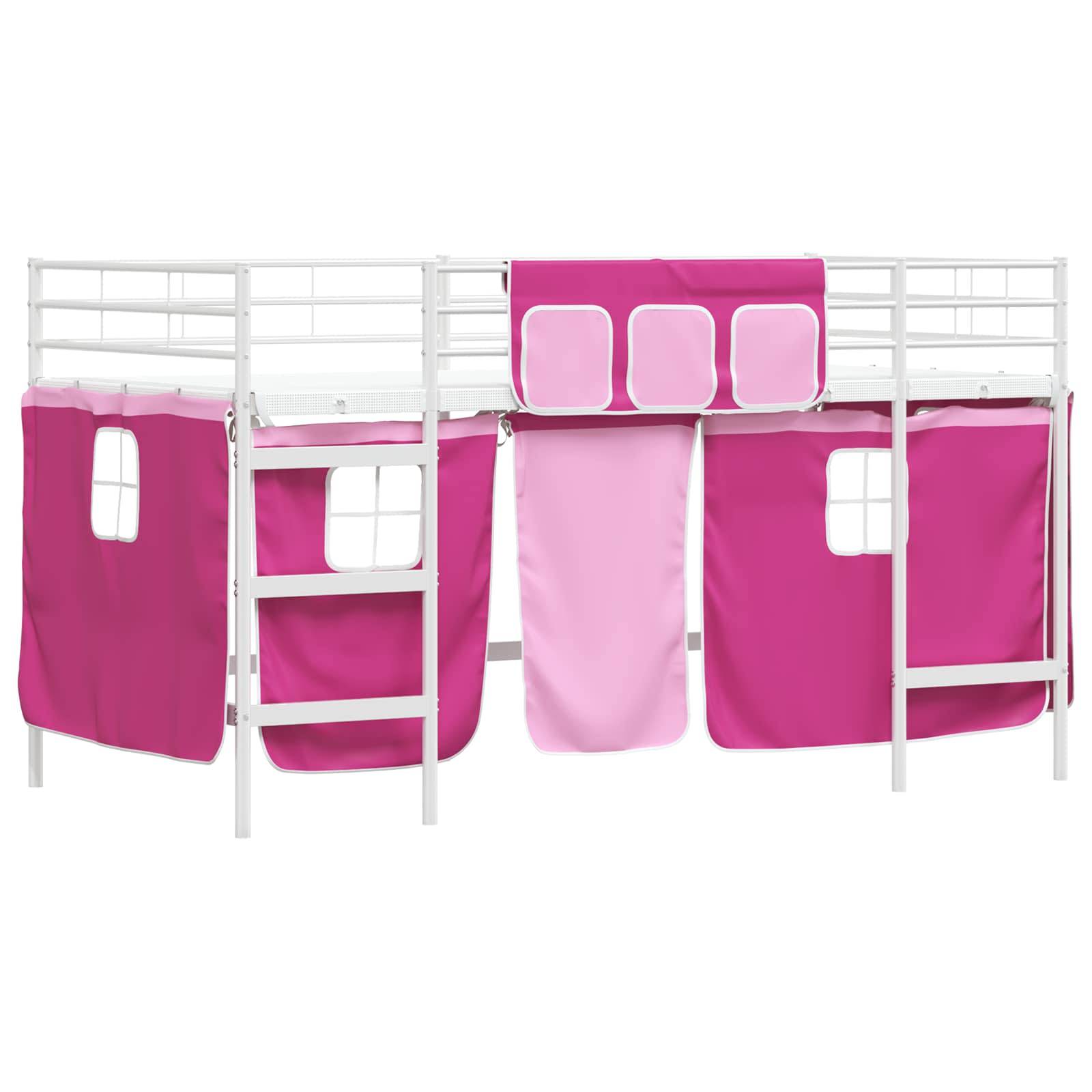 Hochbett mit weißem Rahmen und rosa Stoffpaneelen, inklusive Fenster und Taschen. Geeignet für Kinder-Spiel- und Schlafbereiche.