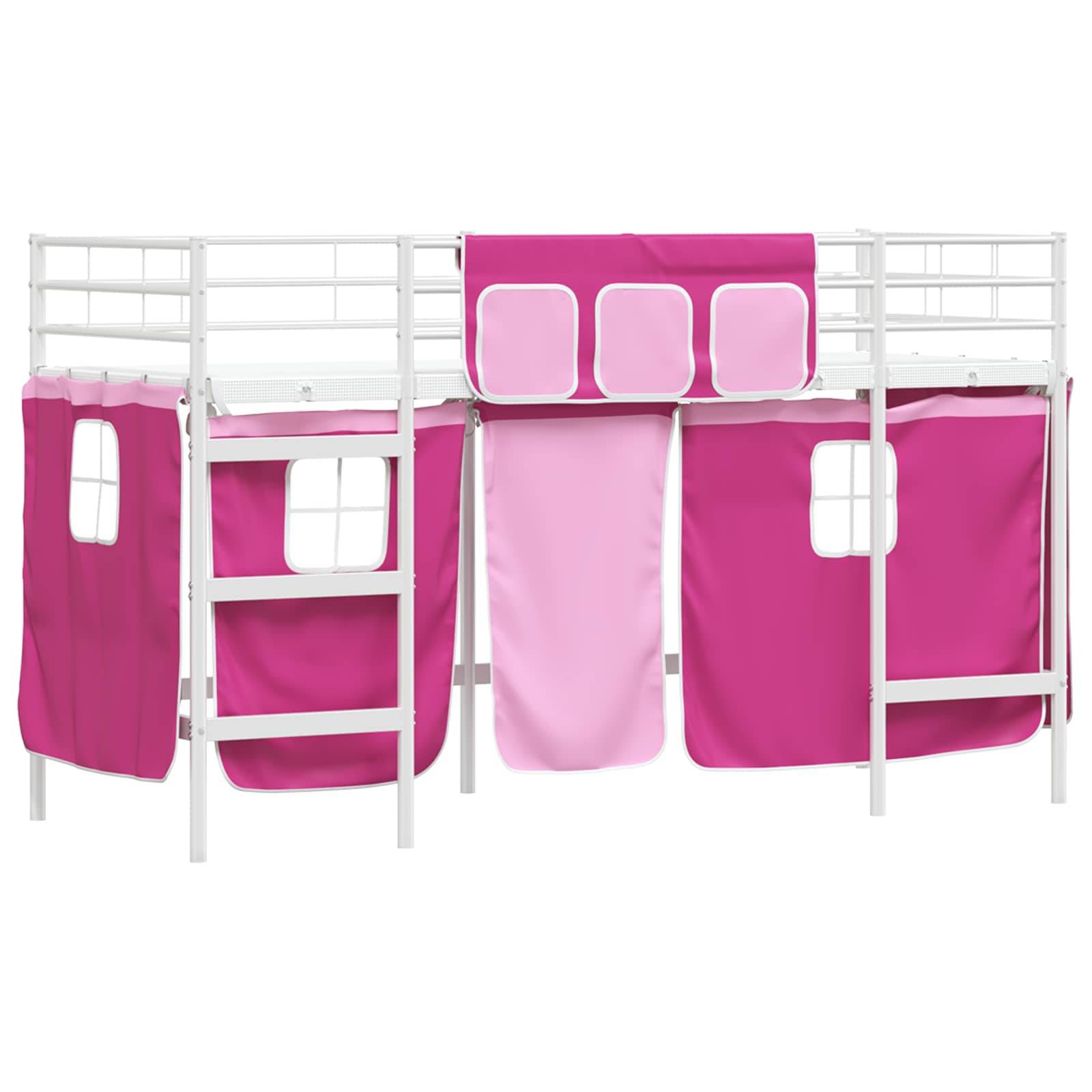 vidaXL Kinder Loft Bettgestell mit Vorhängen Weiß und Rosa 90 x 190 cm