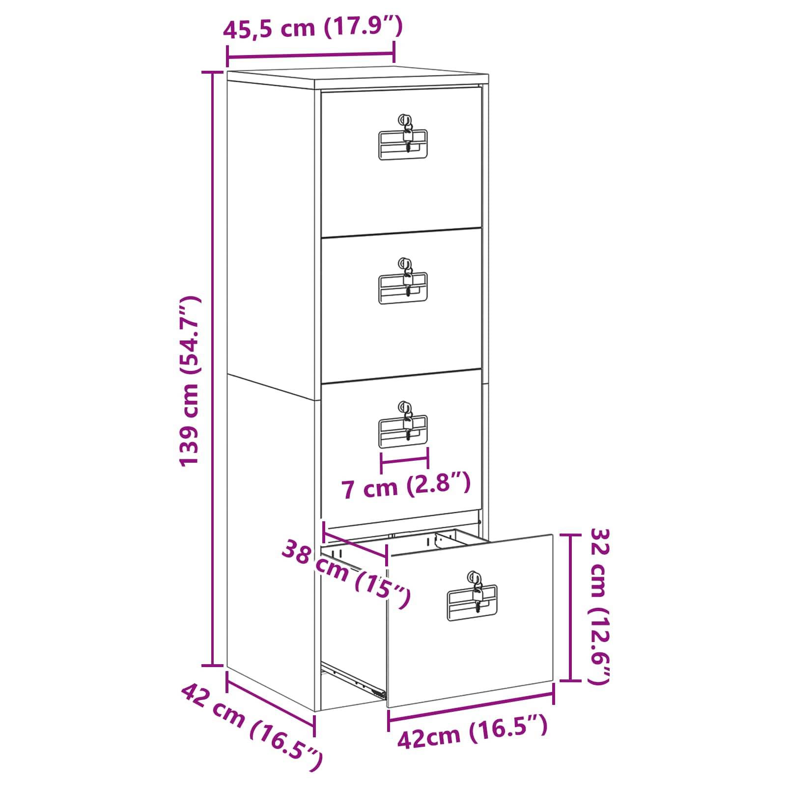 Ein hoher Aktenschrank mit vier Schubladen ist abgebildet. Die Abmessungen betragen 139 cm in der Höhe, 42 cm in der Breite und die Schubladenragen 38 cm heraus.