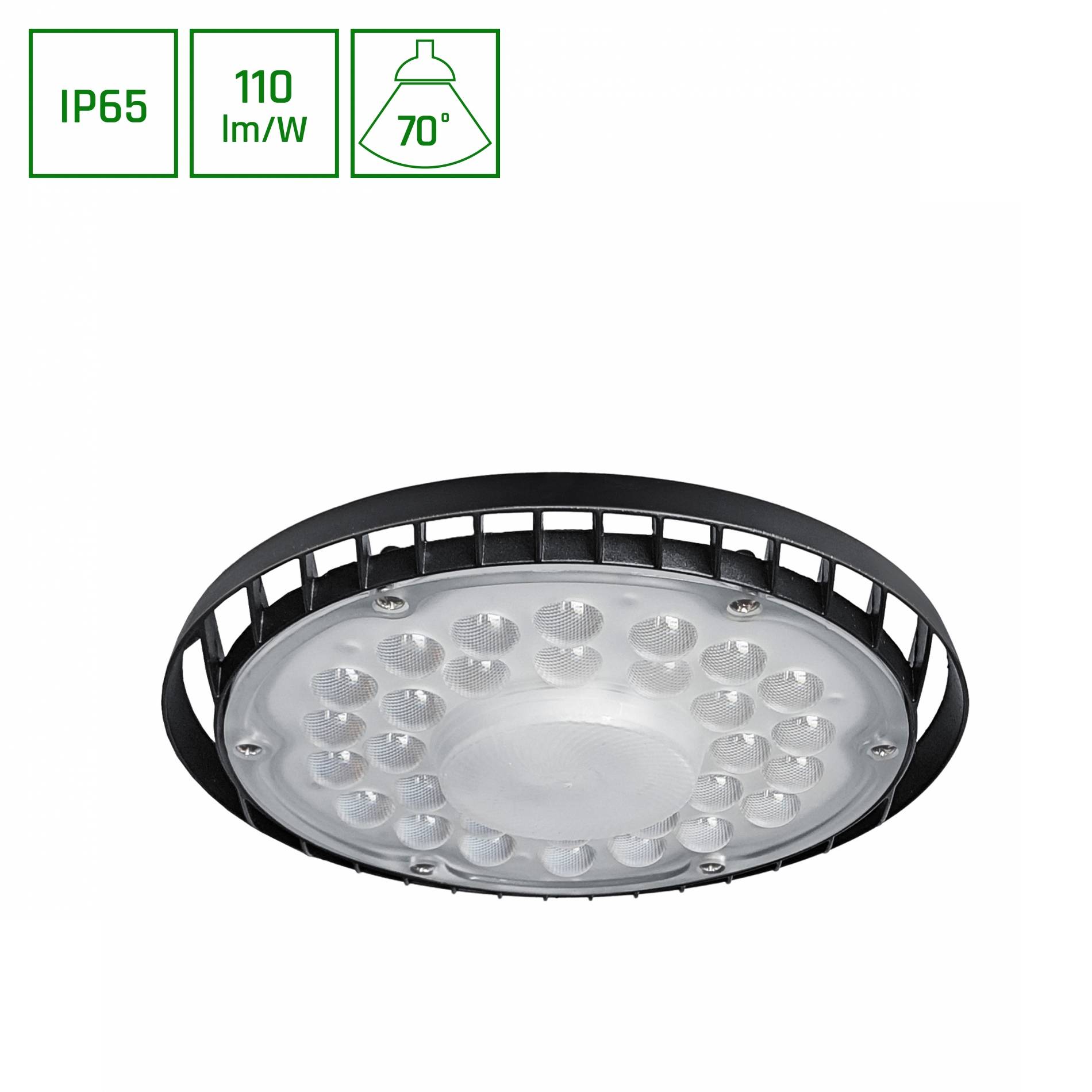 Spectrum LED PLATEO SUN 4 HIGH BAY 105W Hallenleuchte 11550lm schwarz 70° 230V IP65 Industrieleuchte IK06 Neutralweiß 4000K
