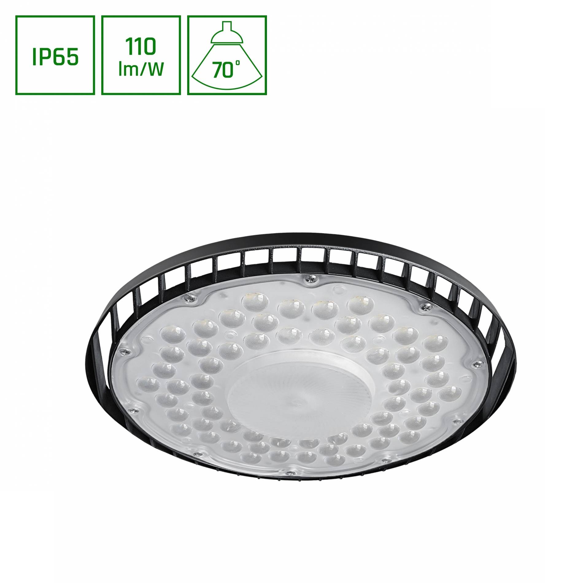 Eine runde LED-Hallenstrahler mit einem Metallrahmen. In der oberen linken Ecke zeigt Icons, die eine IP65-Schutzart, 110 Lumen pro Watt und einen 70-Grad-Abstrahlwinkel kennzeichnen.