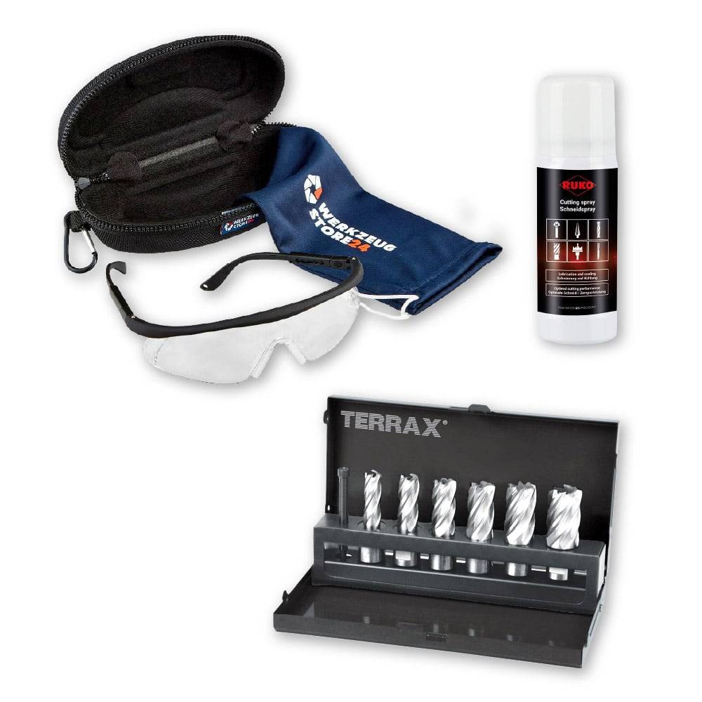 Sicherheitsausrüstungsset bestehend aus Schutzbrille, einem Schutztuchbeutel, einer Sprühdose mit der Aufschrift 