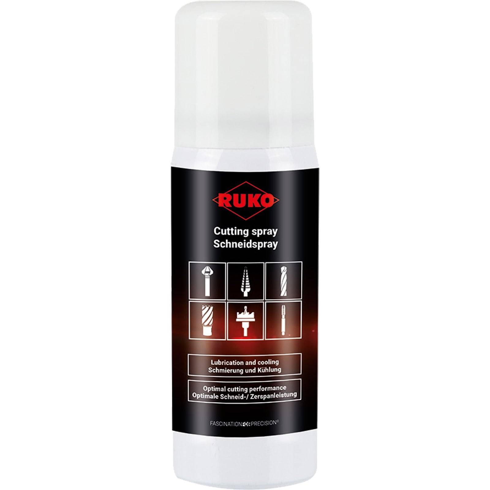 Schneidspray-Flasche der Marke 'Ruko Schneidspray', verwendet zur Schmierung und Kühlung während Zerspanungsprozessen.