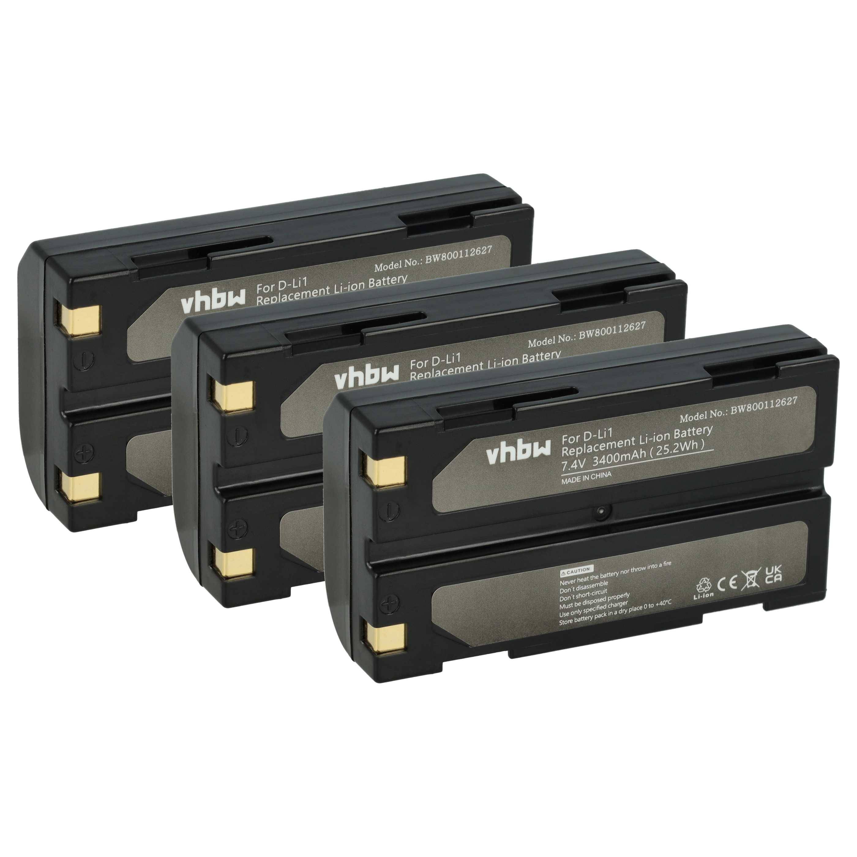 Drei vhbw Ersatz-Li-Ion-Akkus mit der Beschriftung 'Für D-LI1' und den Spezifikationen 7,4V, 3400mAh (25,2Wh), nebeneinander dargestellt.