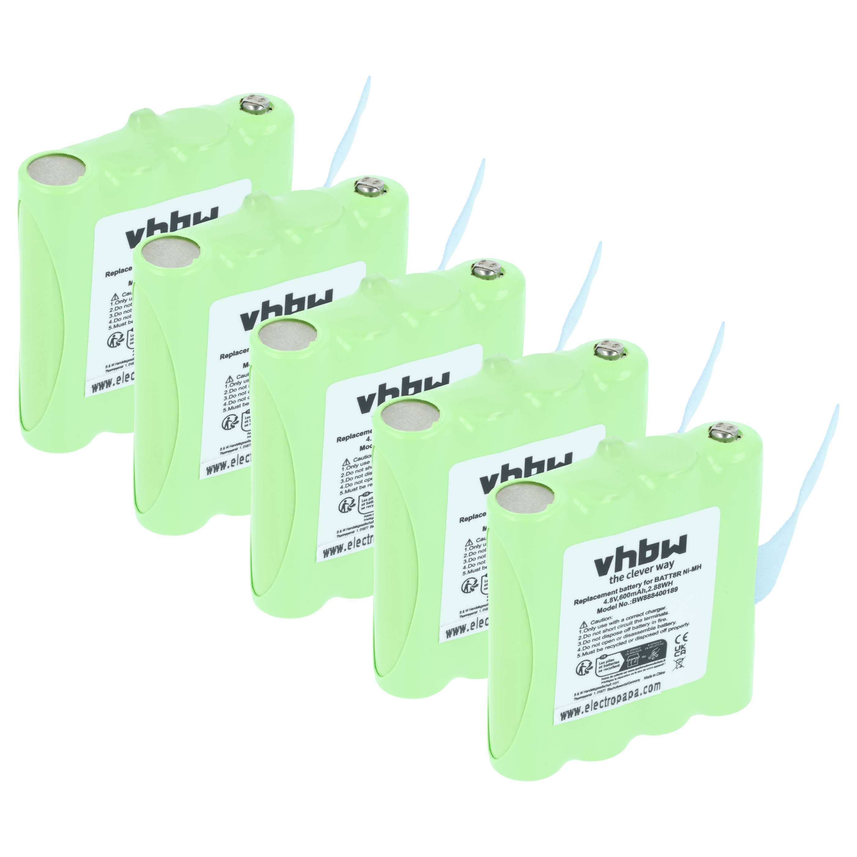 Fünf grüne vhbw Akku-Telefon-Batterien sind in einer Reihe angeordnet. Jede Batterie hat Produktetiketten mit Spezifikationen und Markierung.