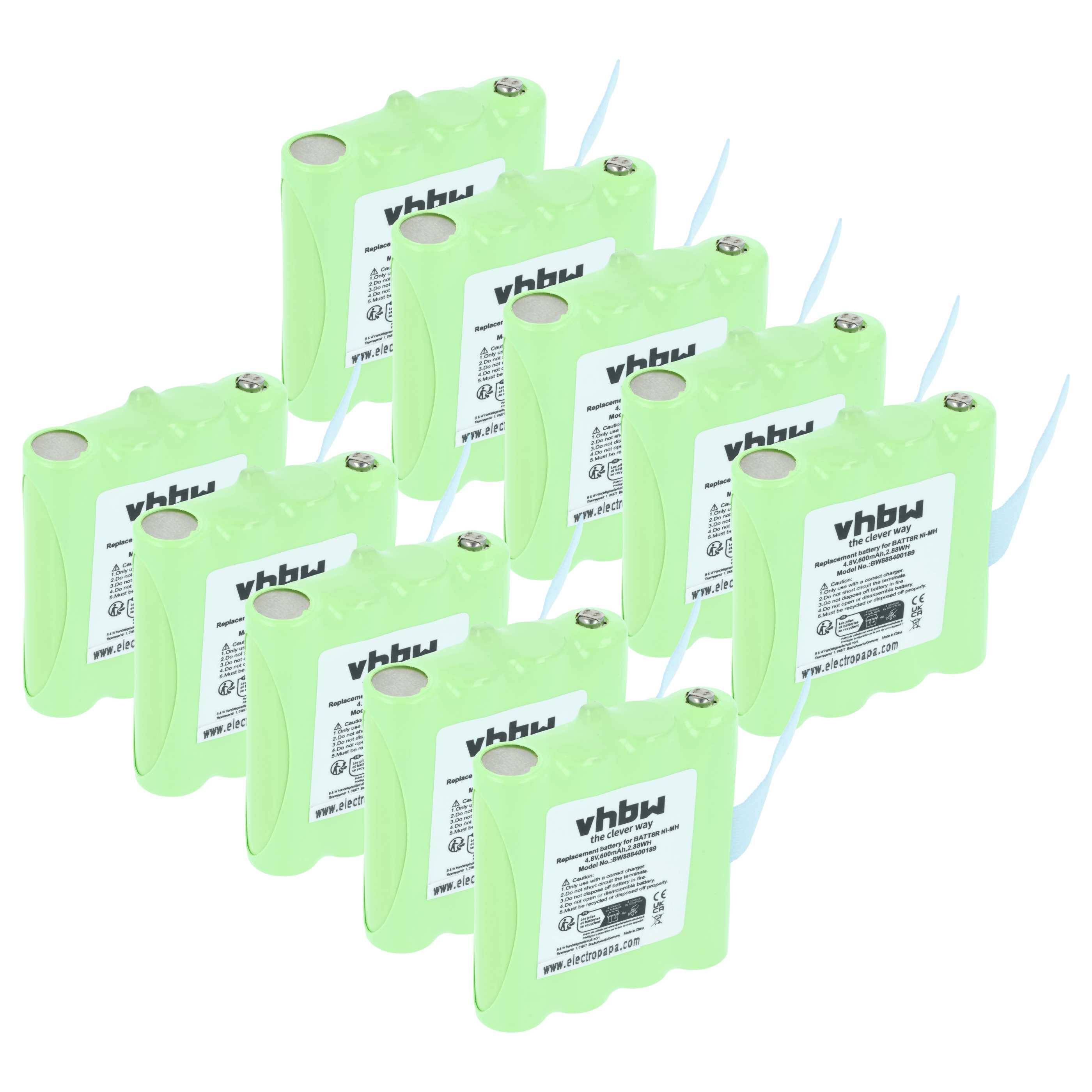 Zehn grüne aufladbare Batteriepackungen sind in Reihen angeordnet, jede mit der Bezeichnung 'vhbw' versehen, die wahrscheinlich für Elektronik- oder Haushaltsgeräte verwendet werden.