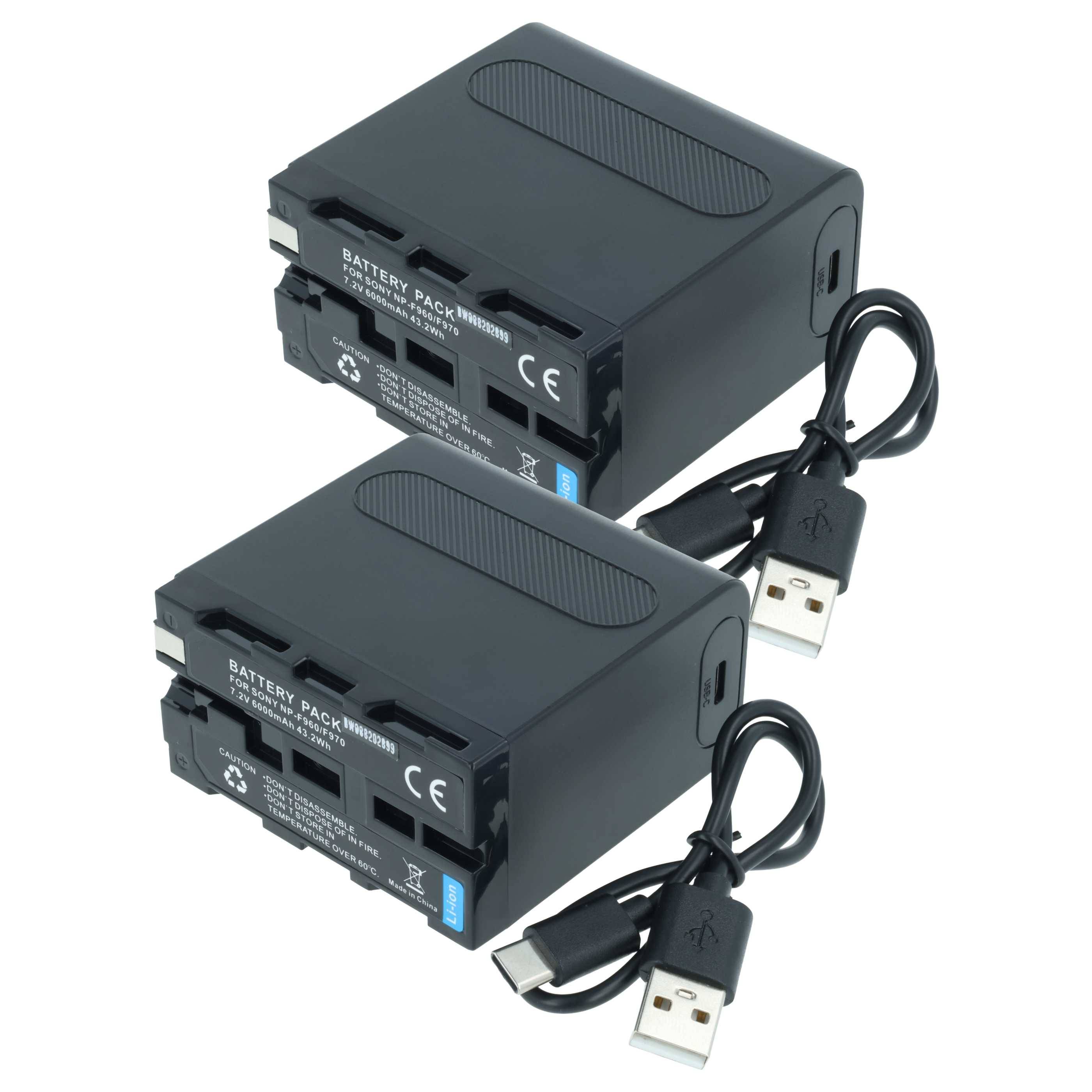 Zwei schwarze wiederaufladbare Akkupacks mit USB-Ladekabeln, die ein kompaktes Design aufweisen. Sie verfügen über deutliche Beschriftungen und Anschlüsse.