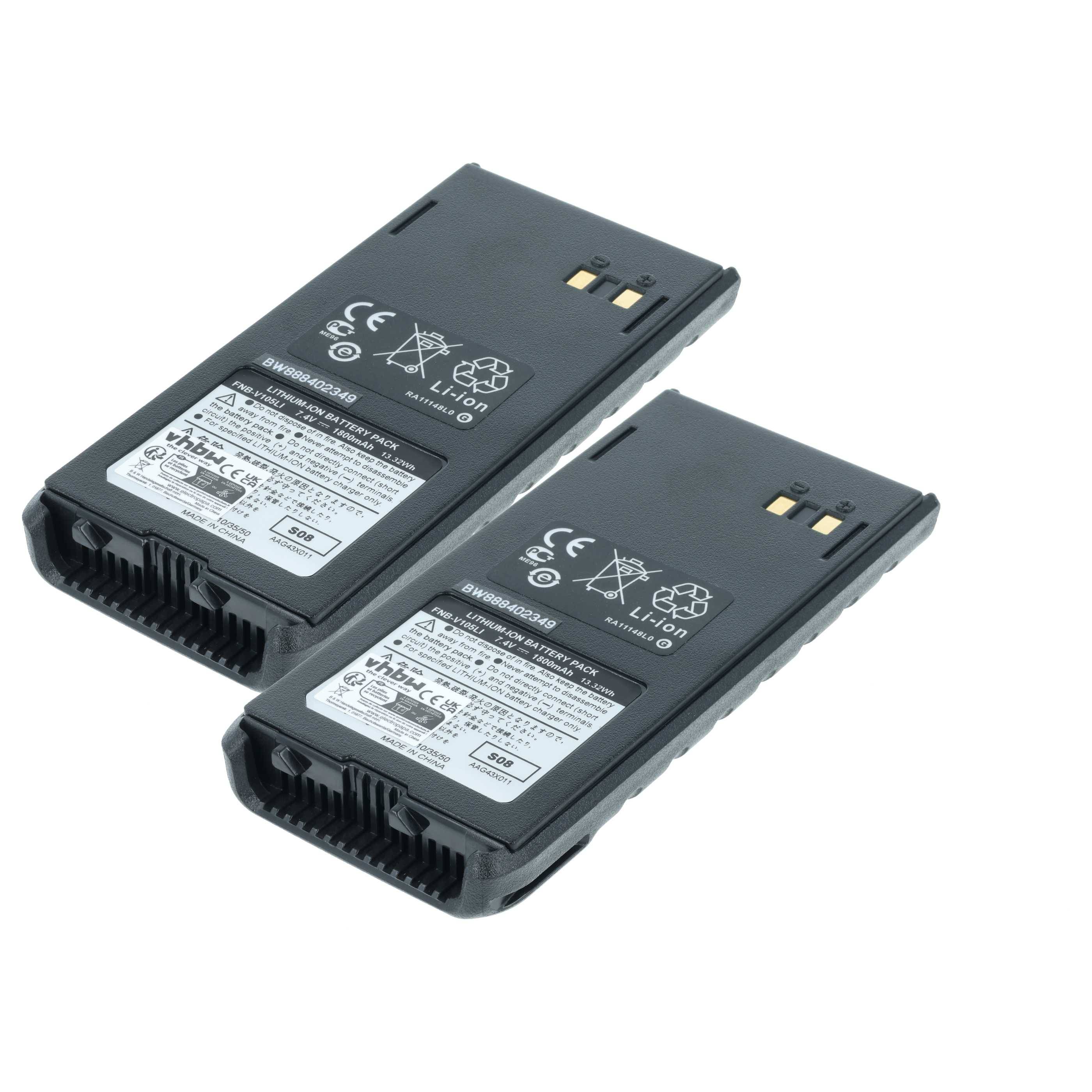 Zwei Ersatz-Lithium-Ionen-Akkus für tragbare Geräte, die Kapazitäts- und Recycling-Symbole auf den Etiketten tragen, nebeneinander dargestellt.