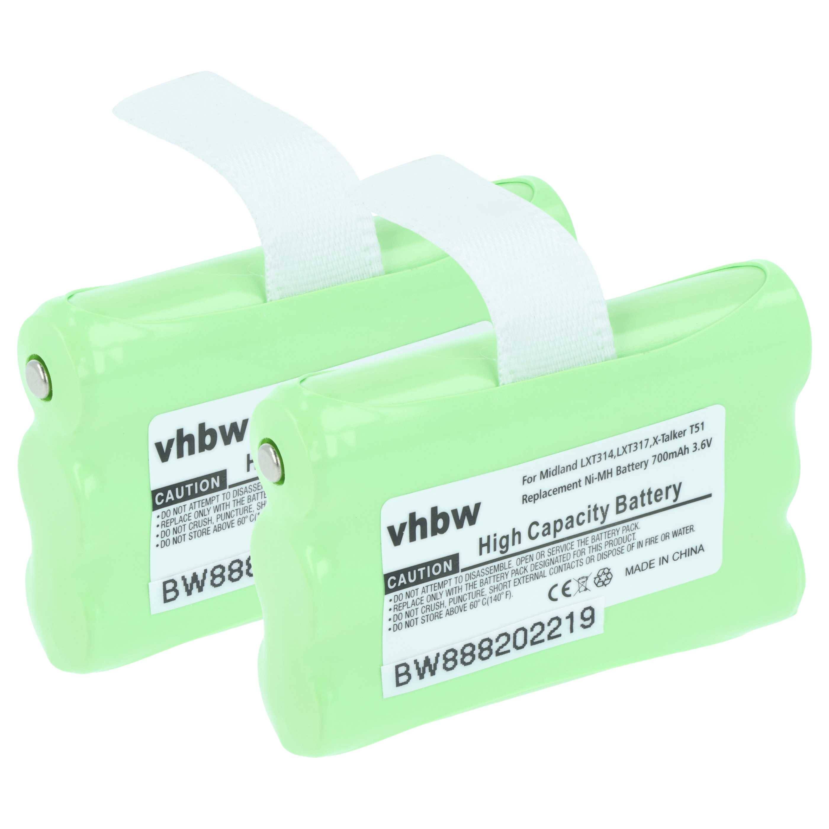 Zwei grüne Hochleistungs-Ersatzbatterien für Midland-Geräte, mit der Bezeichnung 'vhbw', jeweils mit sichtbaren Produktcodes und Warnhinweisen.