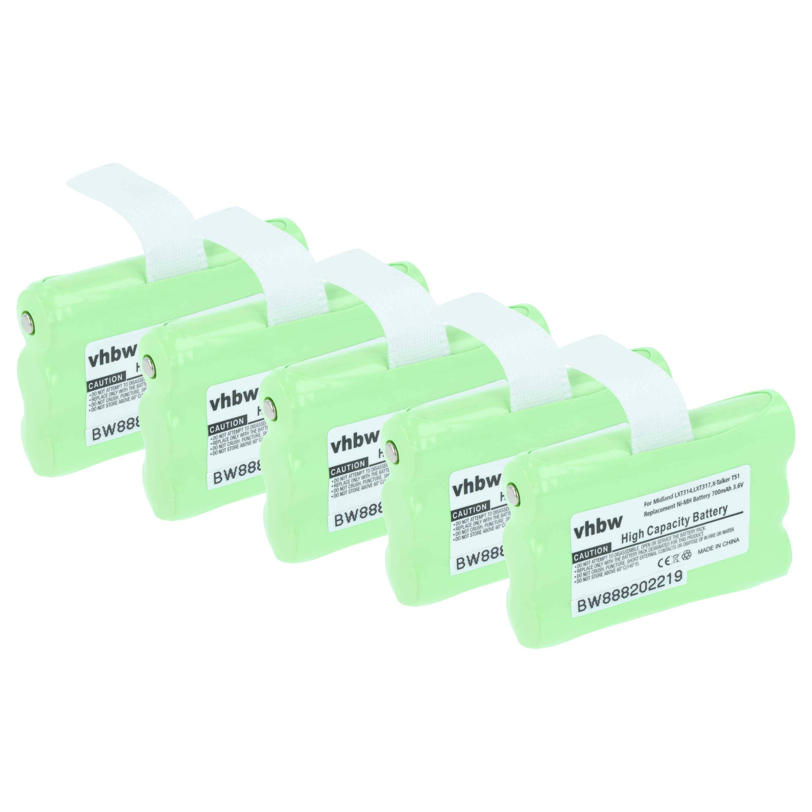 Vier grüne vhbw Hochleistungs-Akkus, die in einer Reihe ausgerichtet sind, wobei jede Batterie mit Produktdetails und Spezifikationen beschriftet ist.