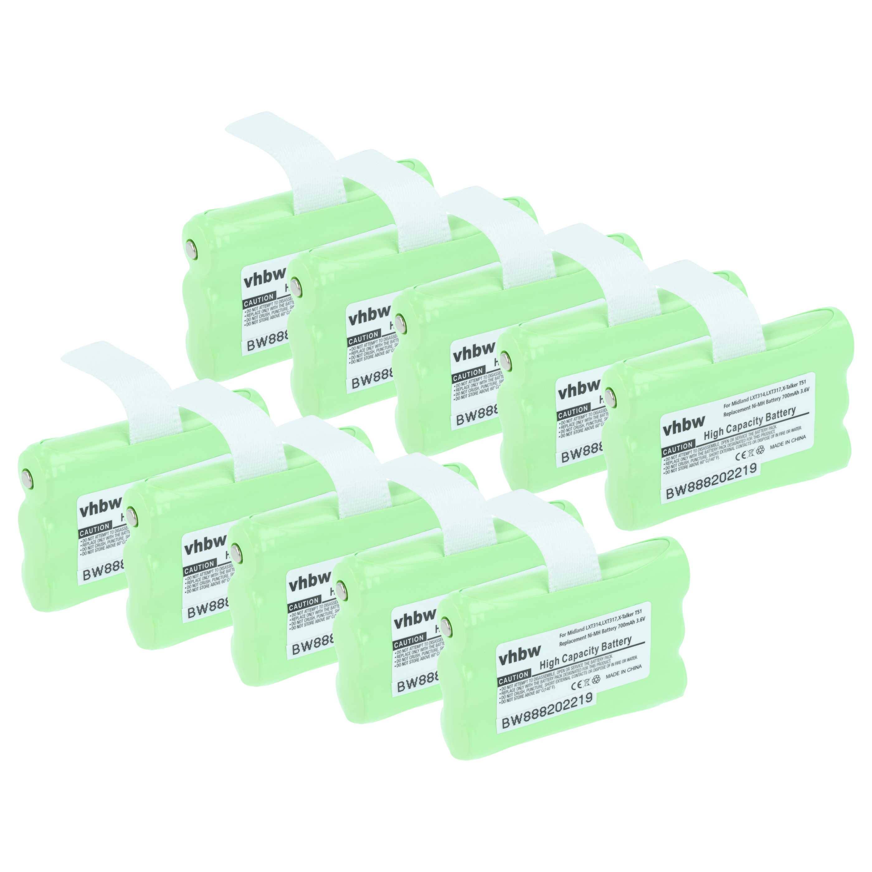 Acht grüne wiederaufladbare Batteriepackungen mit sichtbaren Etiketten, in zwei Reihen gestapelt, schräg angeordnet, um die Marke 'vhbw' und Modellinformationen zu zeigen.