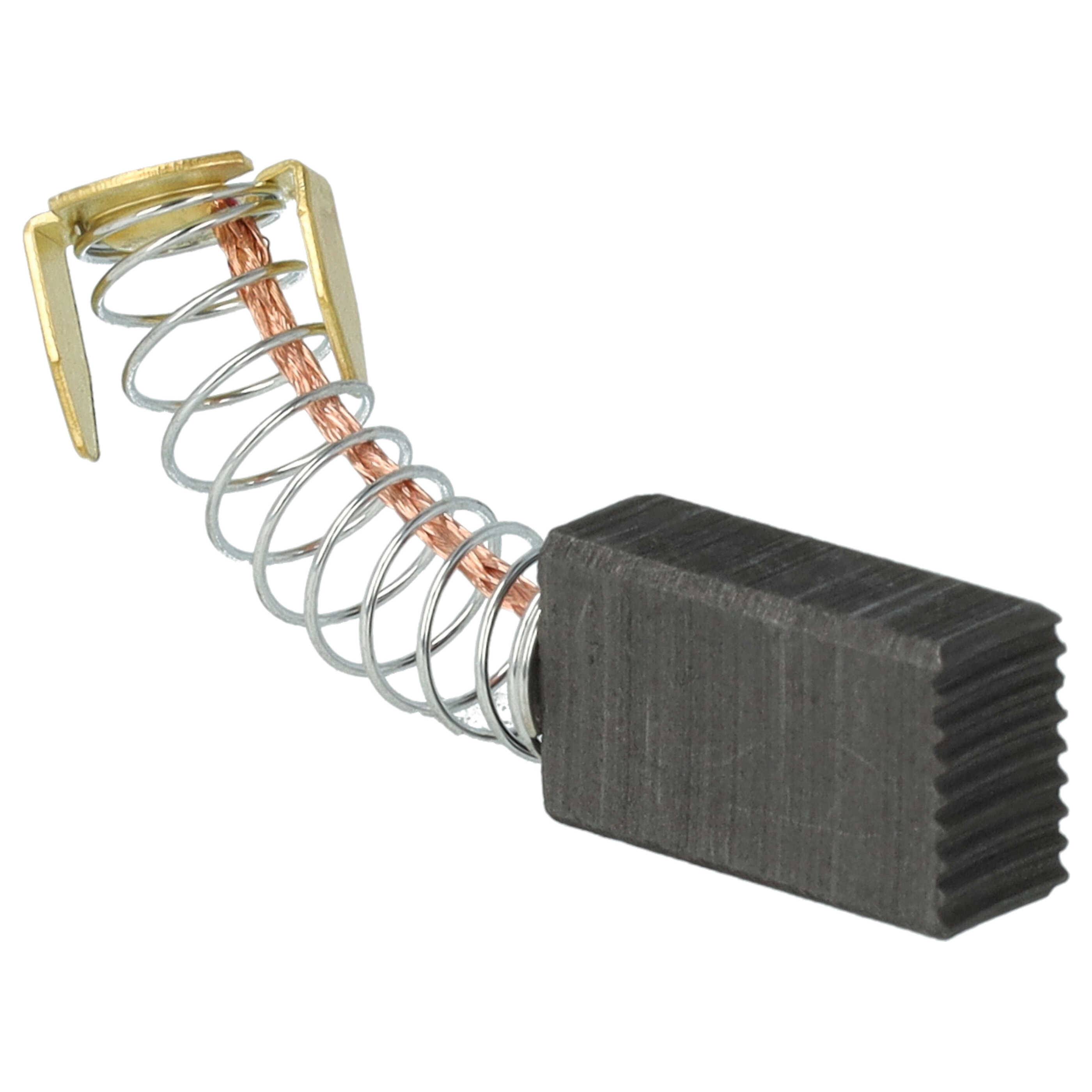 Eine Metallfeder mit einem Kupferdraht ist an einer rechteckigen, schwarzen, gerippten Komponente mit Goldkontakten befestigt, wahrscheinlich Teil einer Elektromotorbürste.