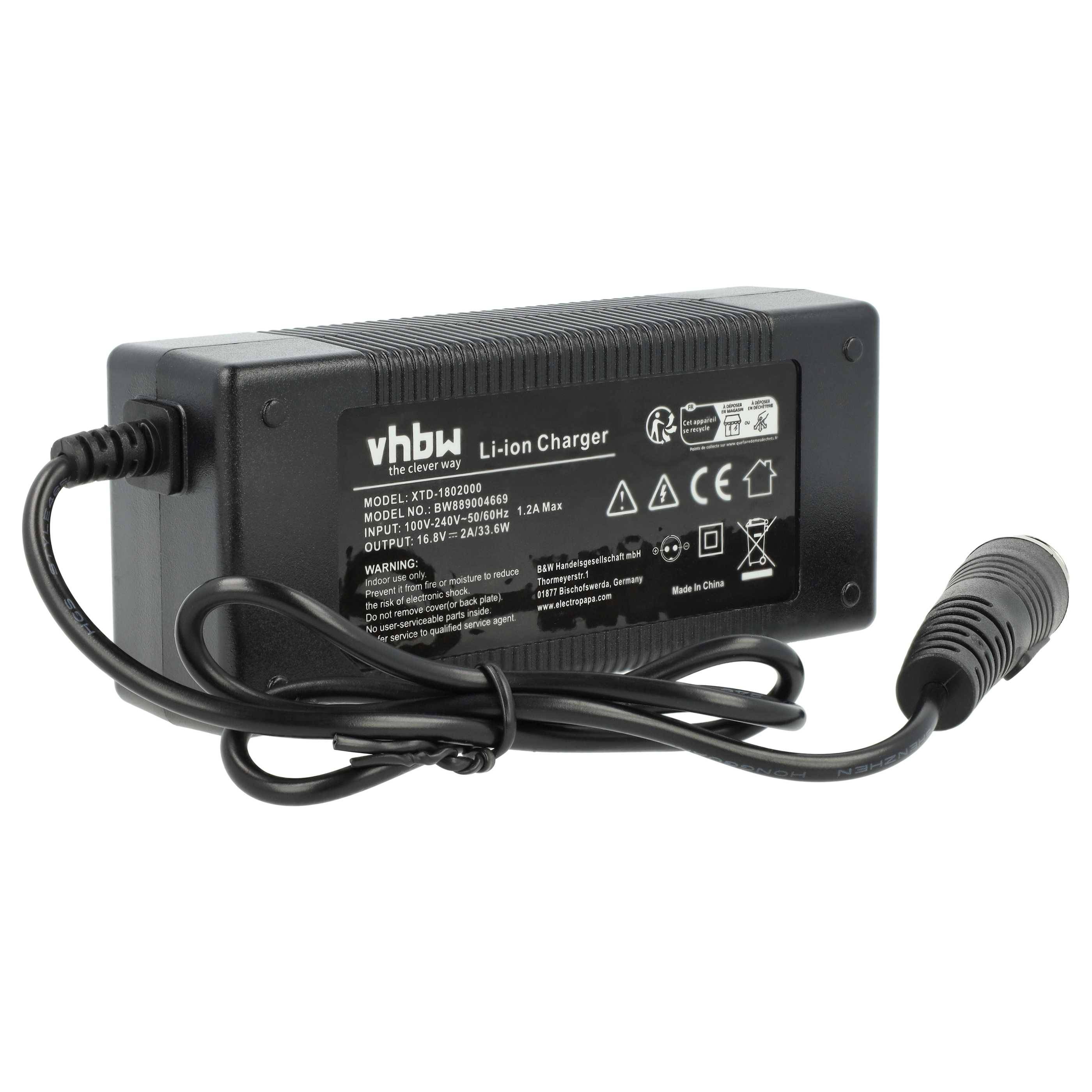 Schwarzes Li-Ion-Batterieladegerät mit Kabel. Etikett zeigt Modell, elektrische Spezifikationen und Sicherheitswarnungen.