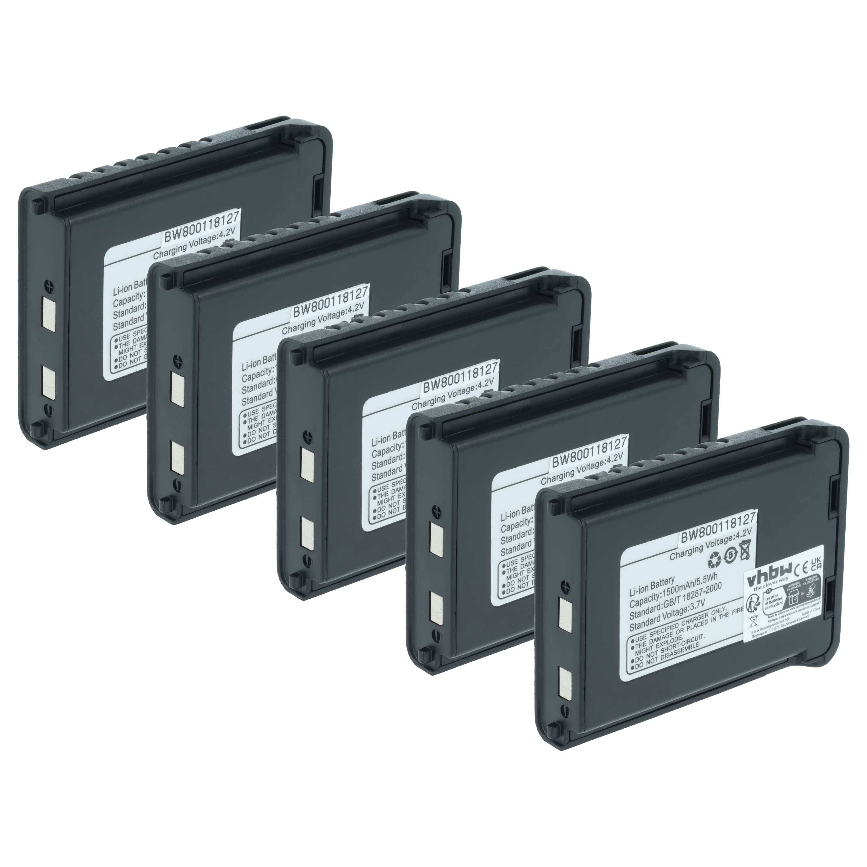 Fünf schwarze Lithium-Ionen-Batterien, in zwei Reihen ausgerichtet, jeweils mit Spezifikationen beschriftet, die ihr kompaktes und einheitliches Design hervorheben.