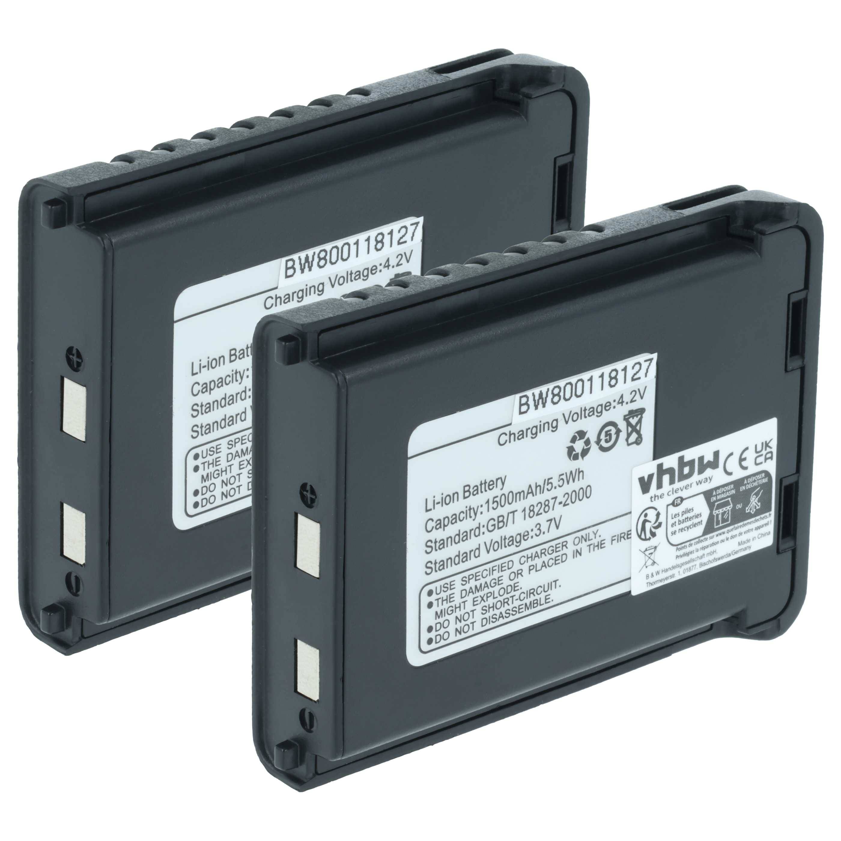 Zwei schwarze Lithium-Ionen-Akkus mit Etiketten, die die Modellnummer 'BW800118127', die Kapazität '1500mAh/6,5Wh' und die Ladespannung '4,2V' anzeigen.