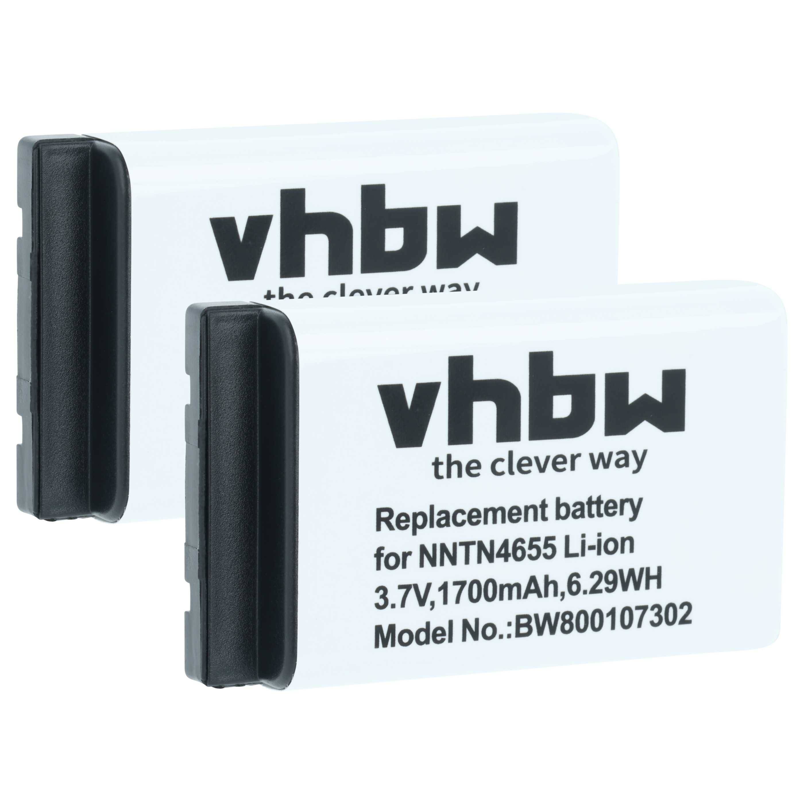Zwei vhbw Ersatzakkus für NNTN4665, 3,7V, 1700mAh, 6,29Wh, Modellnummer BW800107302, mit dem Werbespruch 