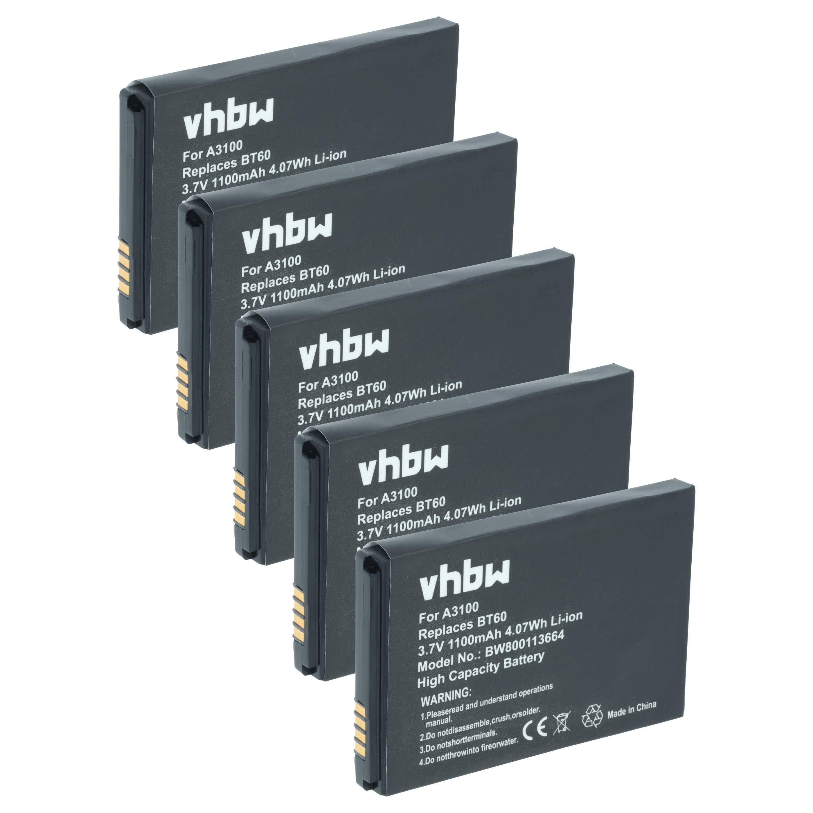 Fünf schwarze Lithium-Ionen-Batterien in versetzter Formation, beschriftet für A3100- und B760-Ersatz, mit Spezifikationen und einer Warnung.