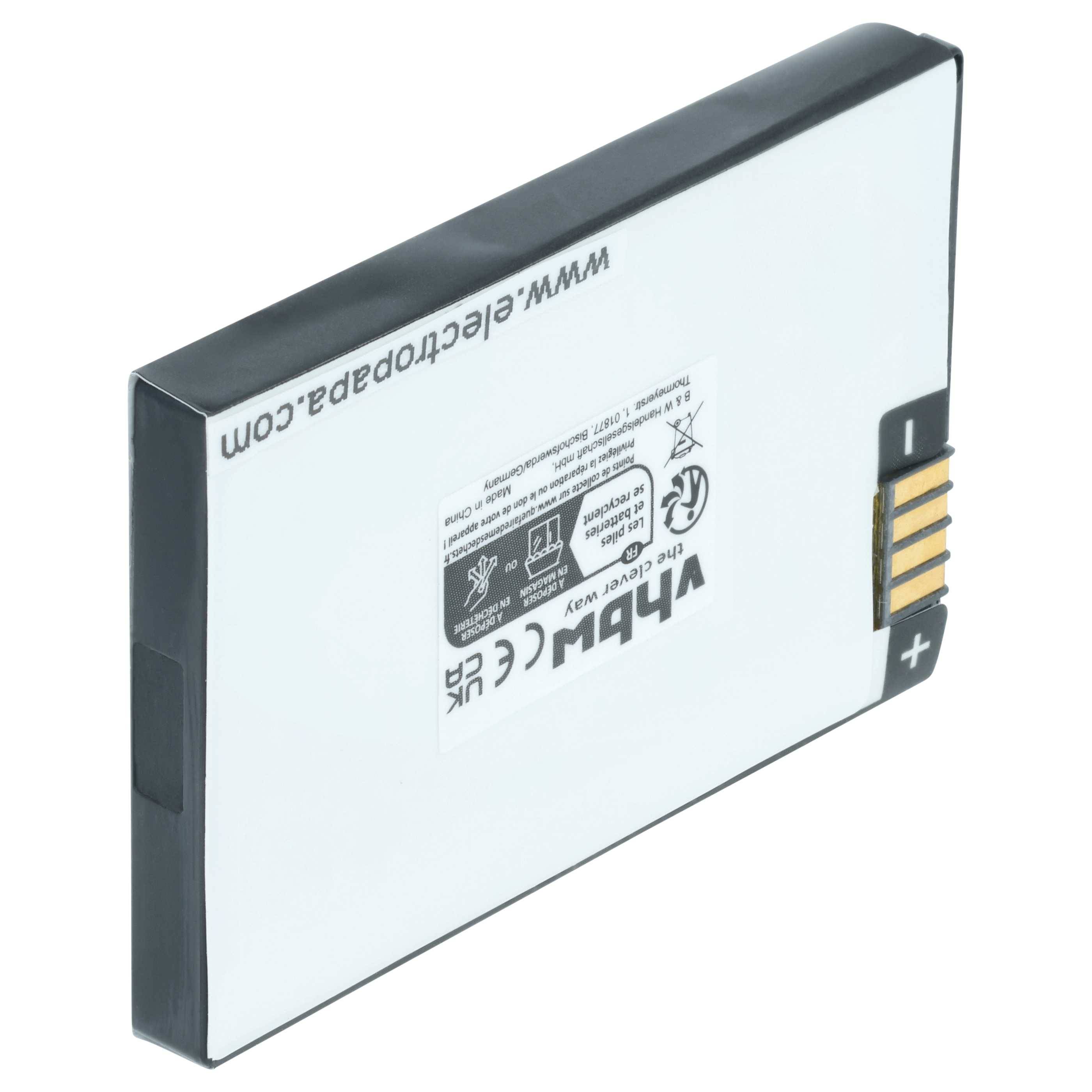Eine rechteckige Lithium-Ionen-Batterie mit schwarzer und weißer Gehäuseverkleidung, versehen mit Etikettendetails wie Sicherheitssymbolen, Spannung und Markenname.