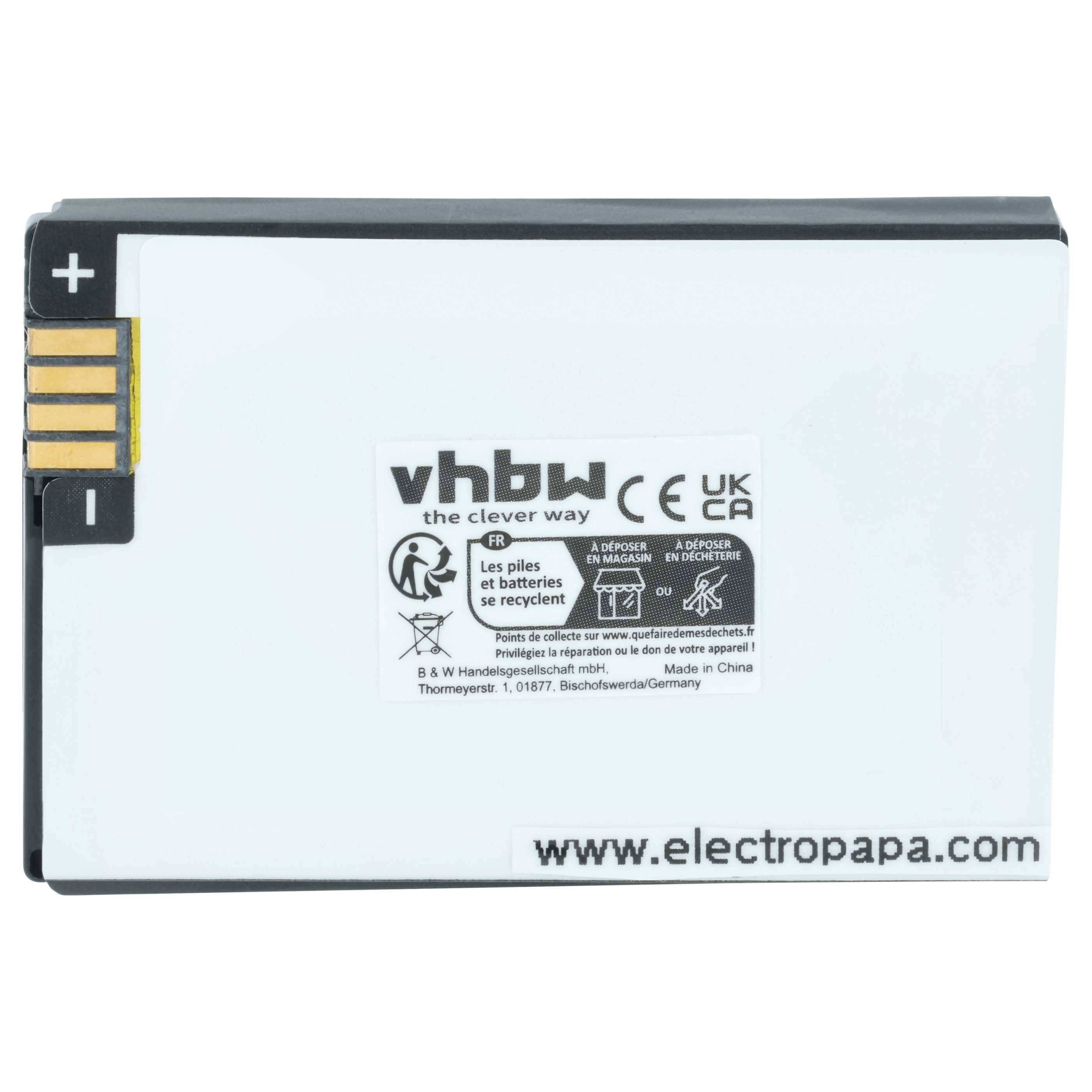 Rechteckige wiederaufladbare Batterie mit Etikett 'vhbw' und Kontaktklemmen auf einer Seite. Marken-Webseite 'www.electropapa.com' aufgedruckt.