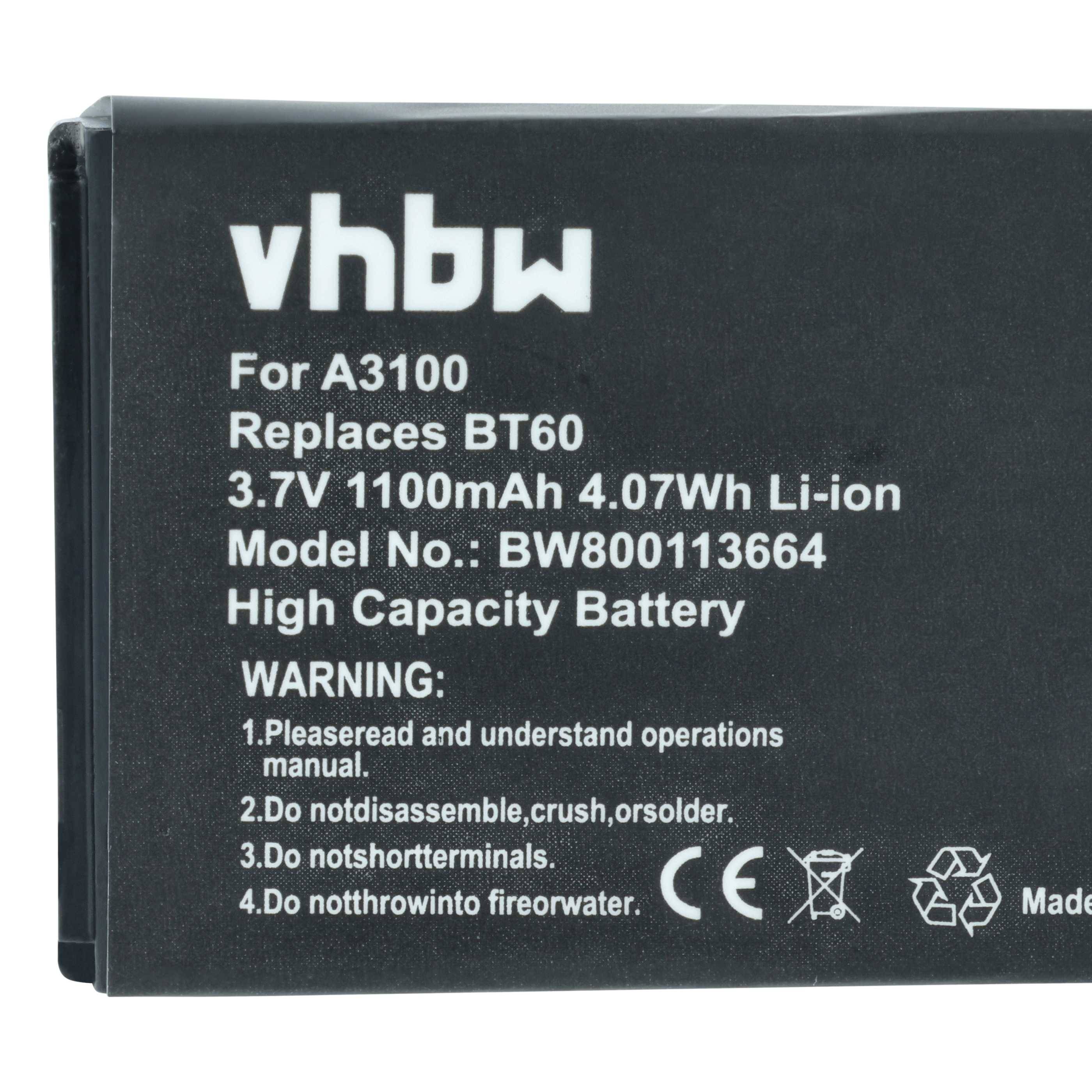 Akku mit Aufschrift 'vhbw Für A3100 Ersetzt BT60, 3,7V 1100mAh 4,07Wh Li-Ion'. Modell-Nr.: BW800113664. Warnhinweise zu Sicherheit und Nutzung.