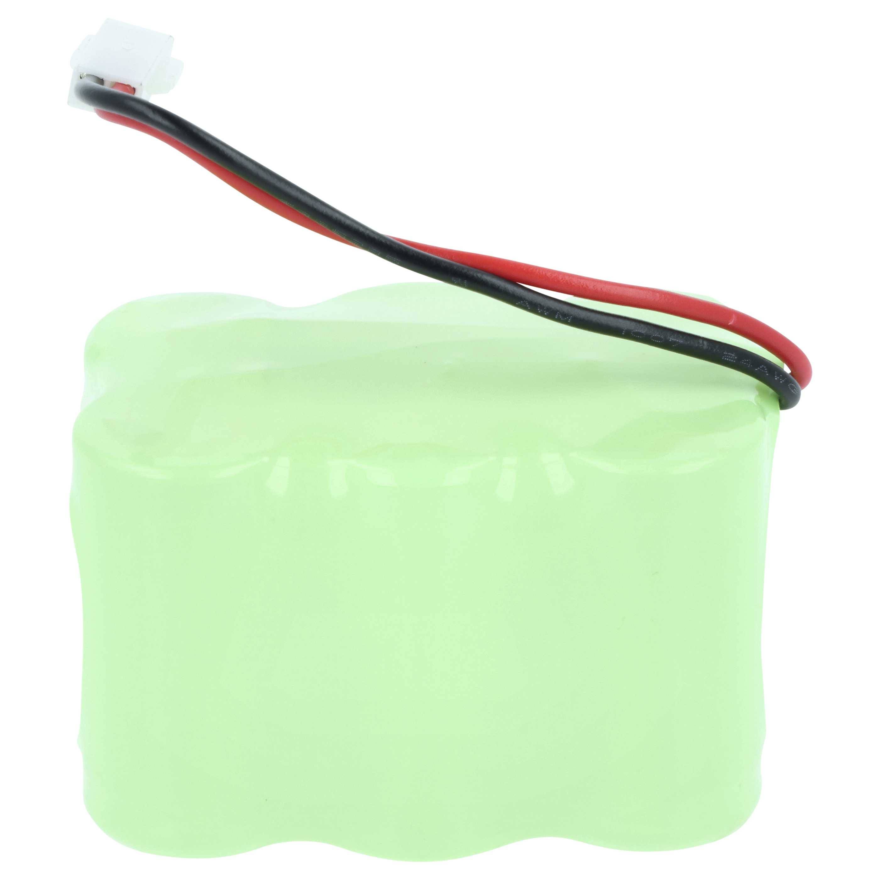 Ein grünes wiederaufladbares Batteriepack mit roten und schwarzen Kabeln, die von oben herausführen und in einem weißen Stecker enden.