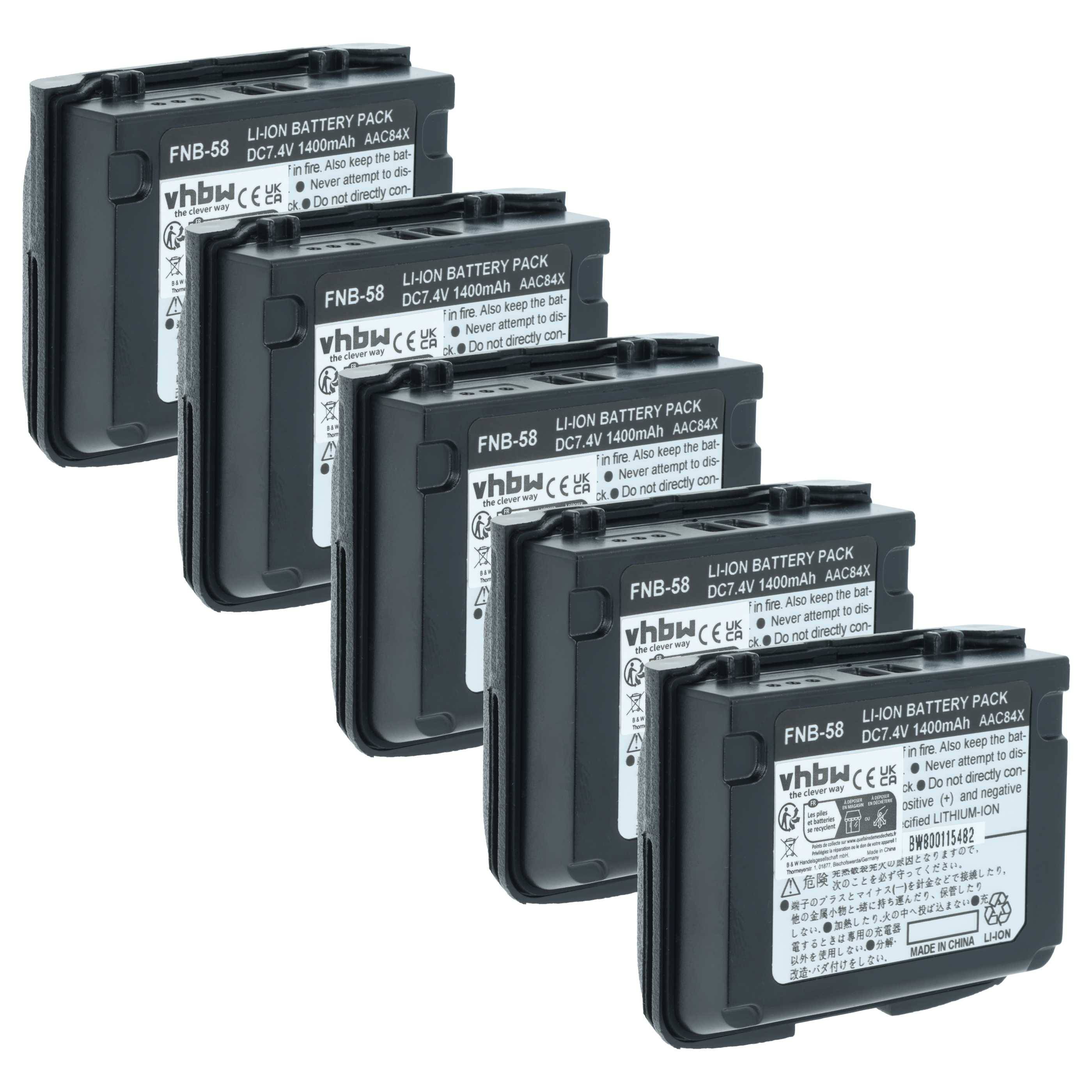 vhbw 5x Akku kompatibel mit Horizon HX460S, HX460, HX471SS, HX471SB, HX471S, HX471, HX470S Funkgerät, Walkie Talkie (1400 mAh, 7,4 V, Li-Ion)