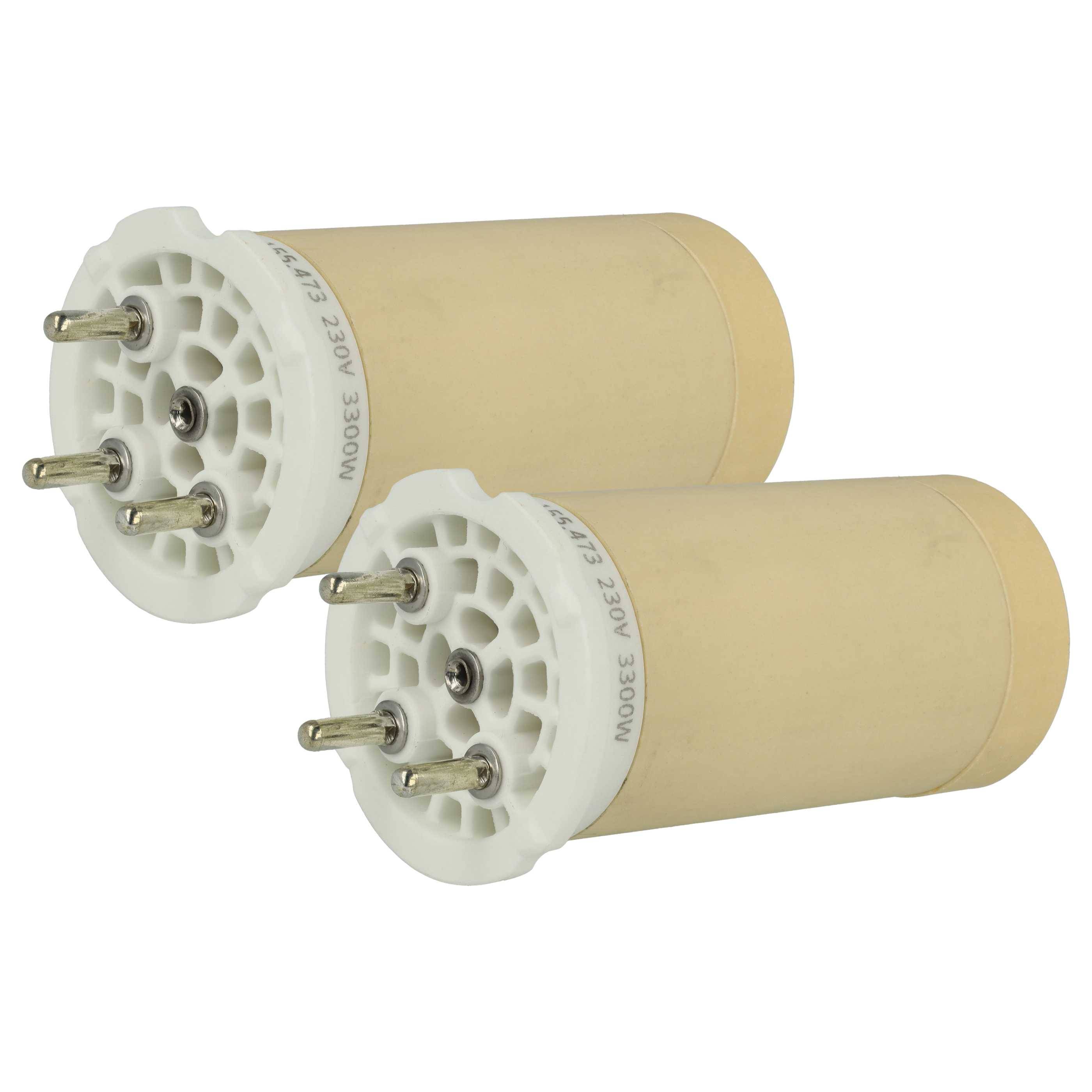 Zwei beige zylindrische Objekte mit weißen Enden und mehreren Metallstiften, die an einer Seite hervorstehen, höchstwahrscheinlich elektrische Anschlüsse.