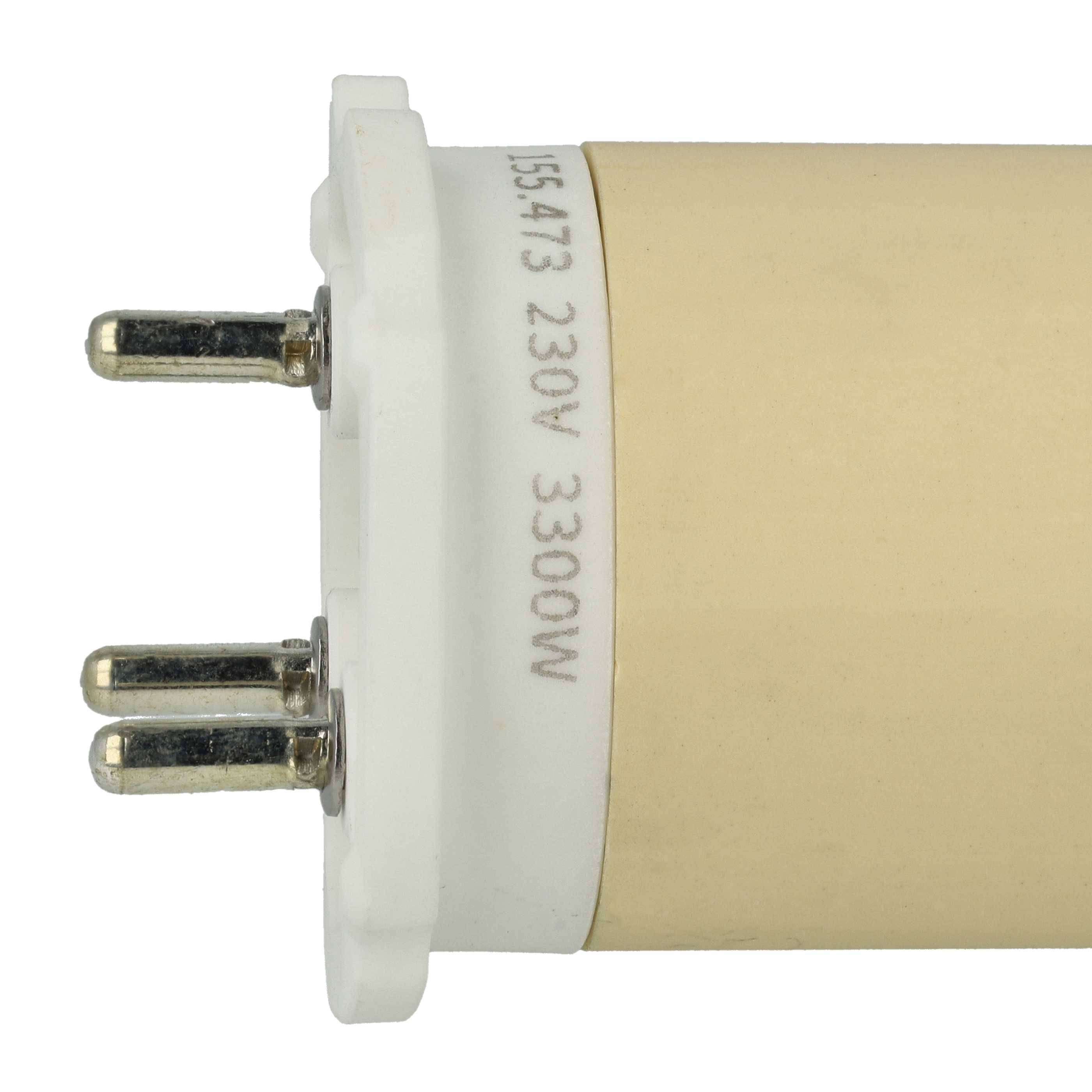 Eine beige zylindrische elektrische Komponente mit drei Metallstiften, beschriftet mit '15473 230V 3300W'.