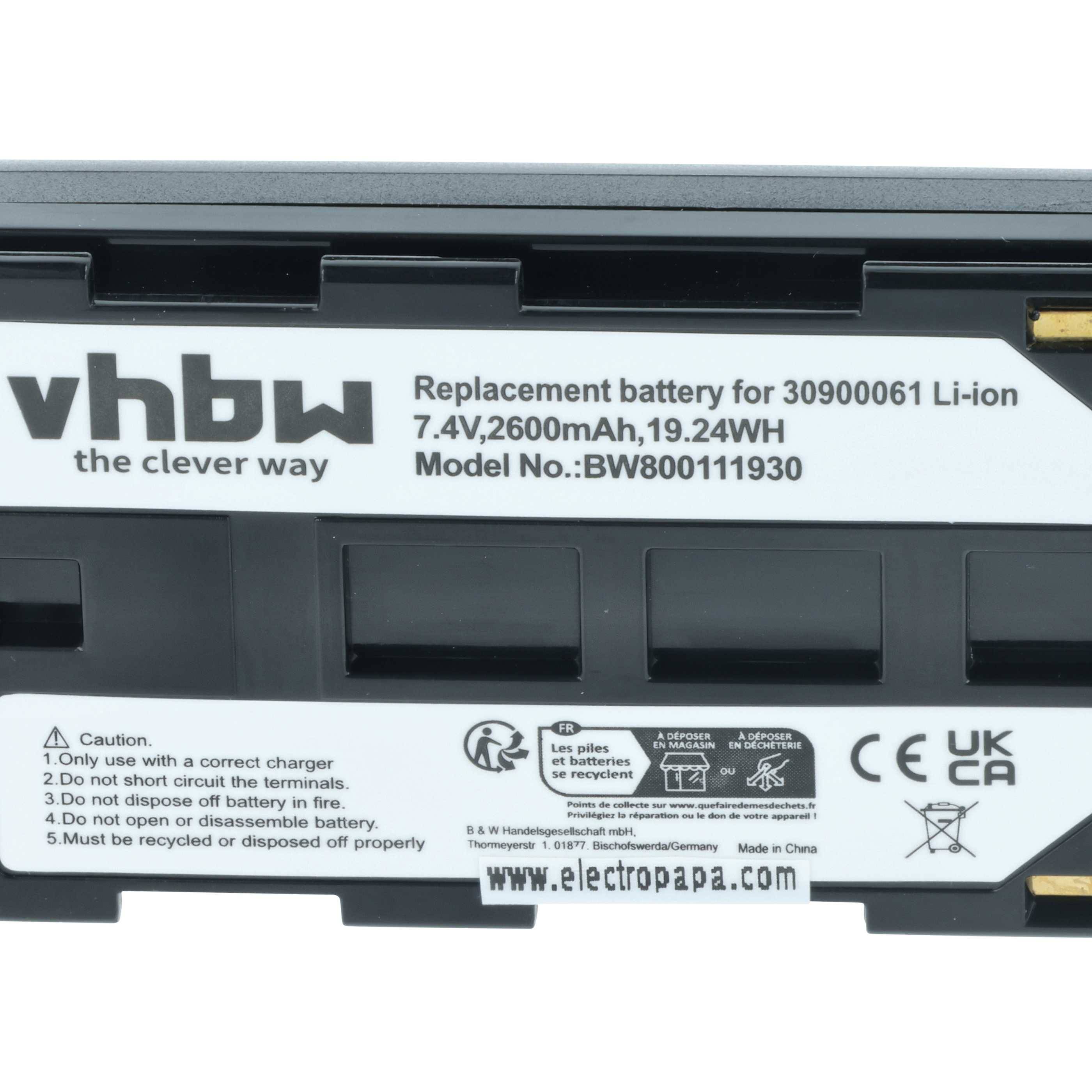 Eine schwarze Ersatzbatterie mit der Marke 'vhbw', Modell '30900061', mit Spezifikationen von 7,4V, 2600mAh, 19,24Wh und Warnhinweismarkierungen.