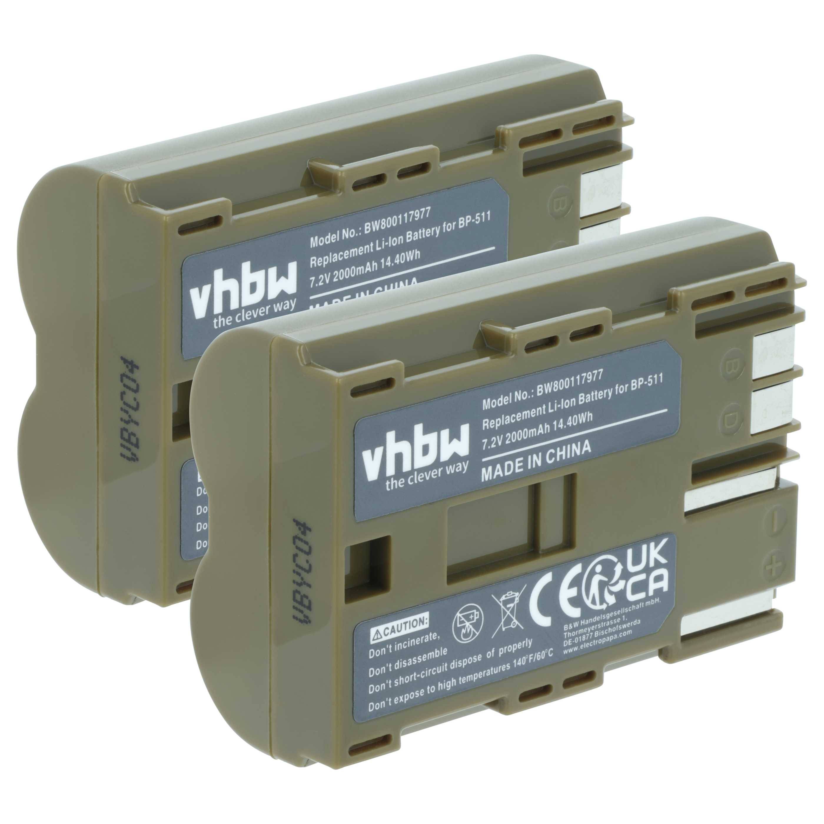Zwei vhbw Ersatz-Li-Ion-Akkus für BP-511 mit Spezifikationen: 7,2V, 2000mAh, 14,40Wh, gekennzeichnet als 