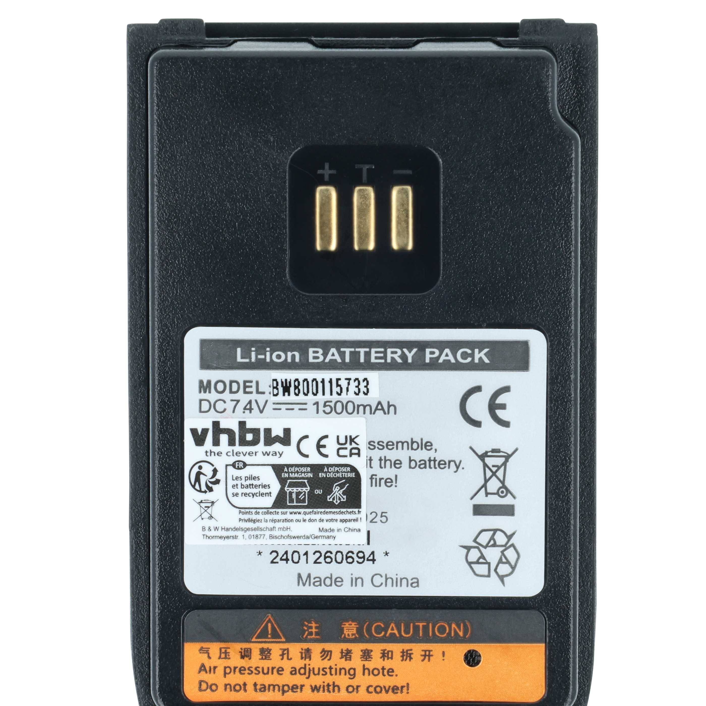 Wiederaufladbarer Lithium-Ionen-Akkupack der Marke 'vhbw', 1500mAh, 7,4V, mit Sicherheitswarnungen und Recycling-Symbolen, hergestellt in China.