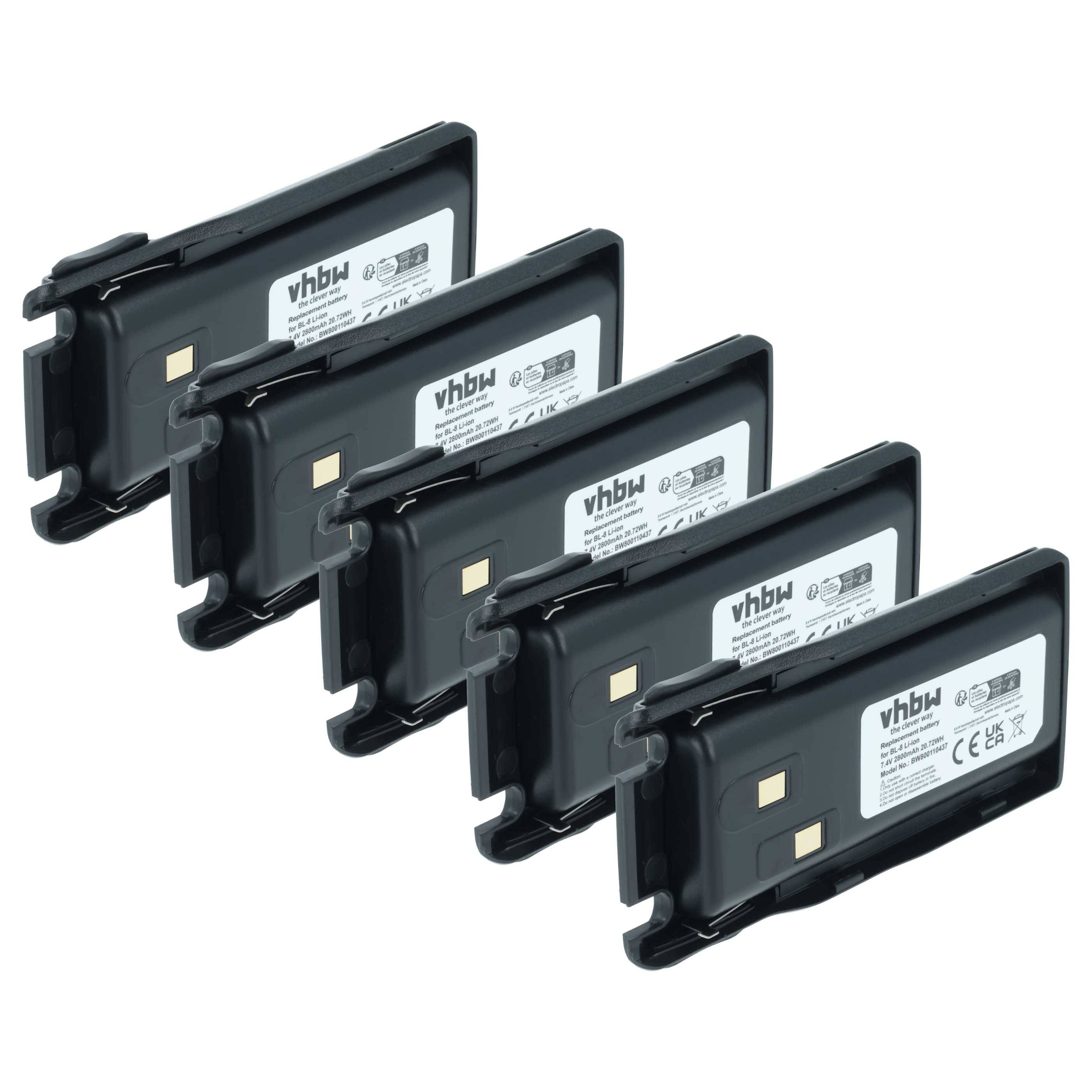 Fünf schwarze vhbw Lithium-Ionen-Akkus in einer Reihe aufgereiht, jeder mit sichtbarem Spezifikationsetikett, geeignet für schnurlose Telefone.