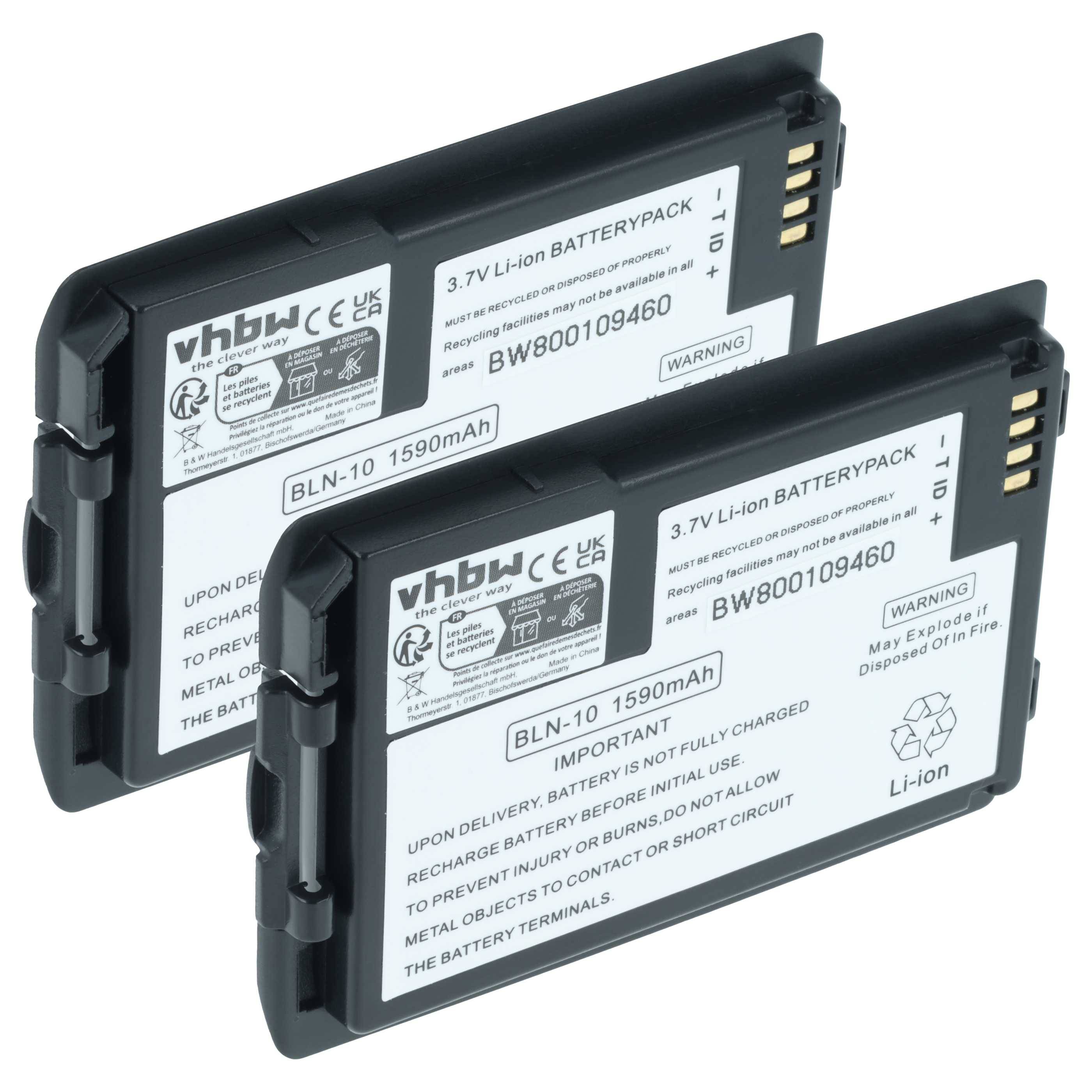 Zwei schwarze Li-Ion-Akkupacks mit 3,7V, die mit 'vhbw' und 'BLN-10 1590mAh' beschriftet sind, werden nebeneinander dargestellt, wobei Spannung und Markendetails hervorgehoben werden.