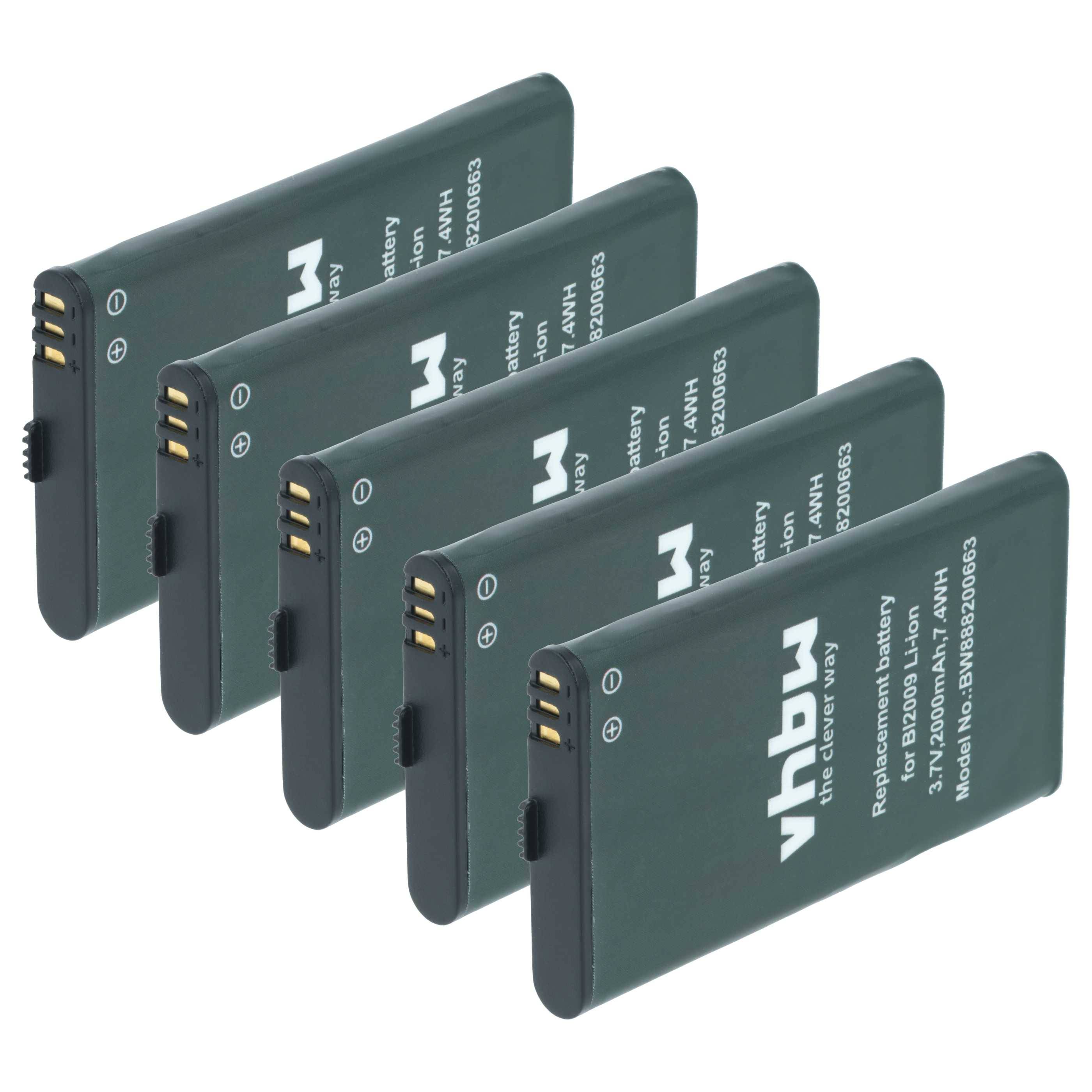 Fünf vhbw-Akkus sind in einer Reihe ausgerichtet, wobei jeder Akku seine Modellnummer und eine Kapazität von 3,7V, 2800mAh aufweist.