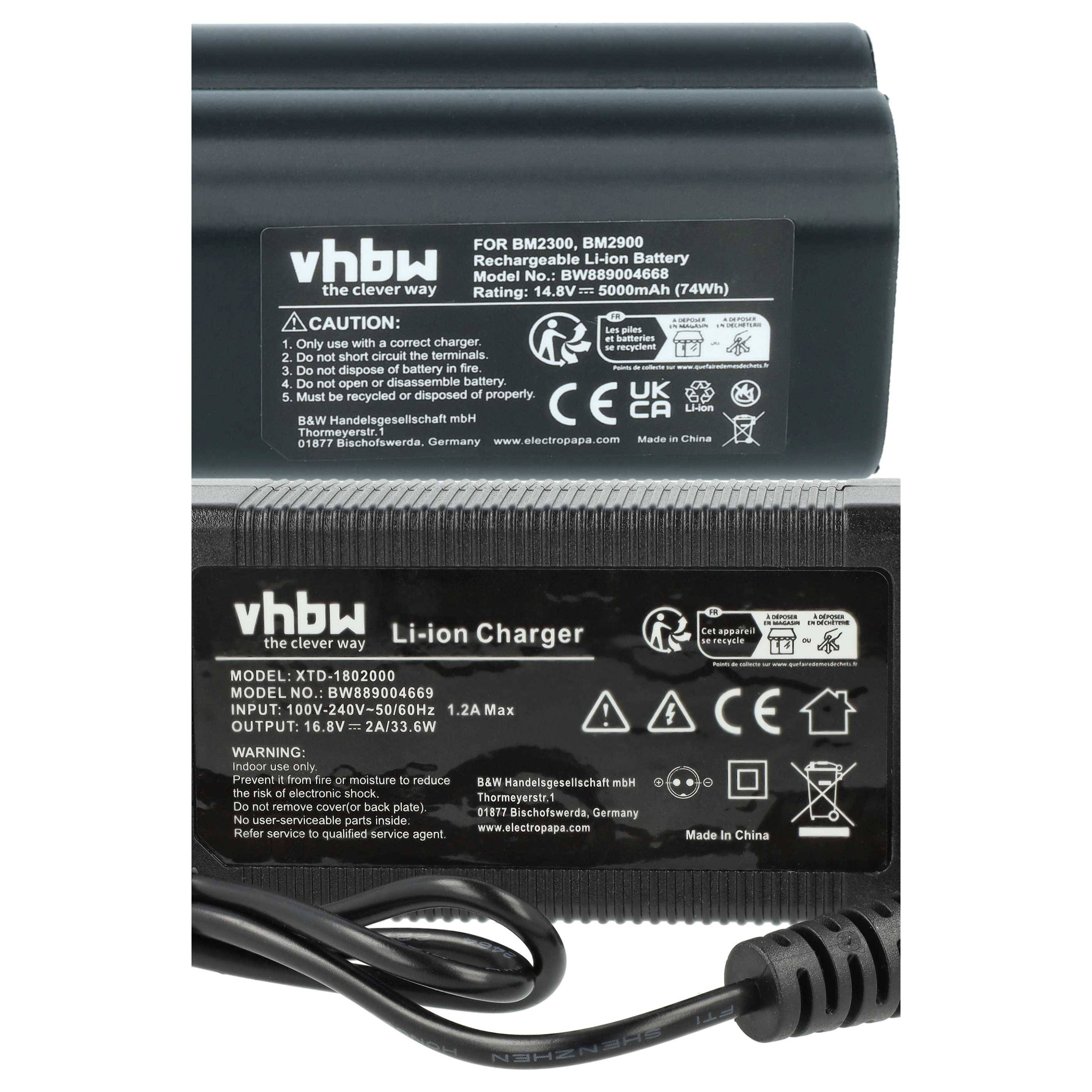 Schwarzes vhbw wiederaufladbares Batteriepack und Li-Ionen-Ladegerät mit Beschriftungen, Warnsymbolen und angeschlossenem Stromkabel.