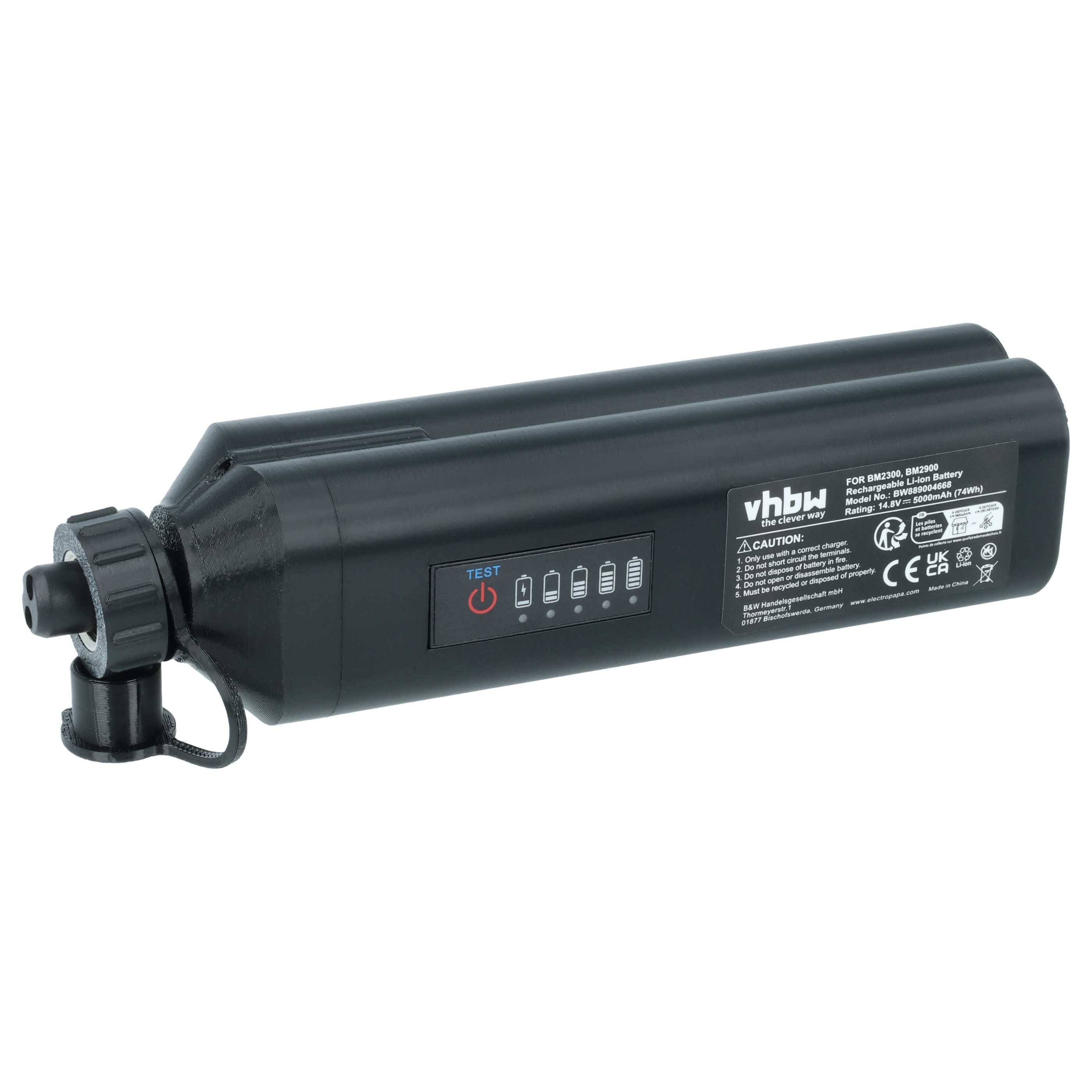 Schwarze wiederaufladbare elektrische Luftpumpe mit Bedienfeld, Schlauchanschluss und Produktetikett auf weißem Hintergrund.