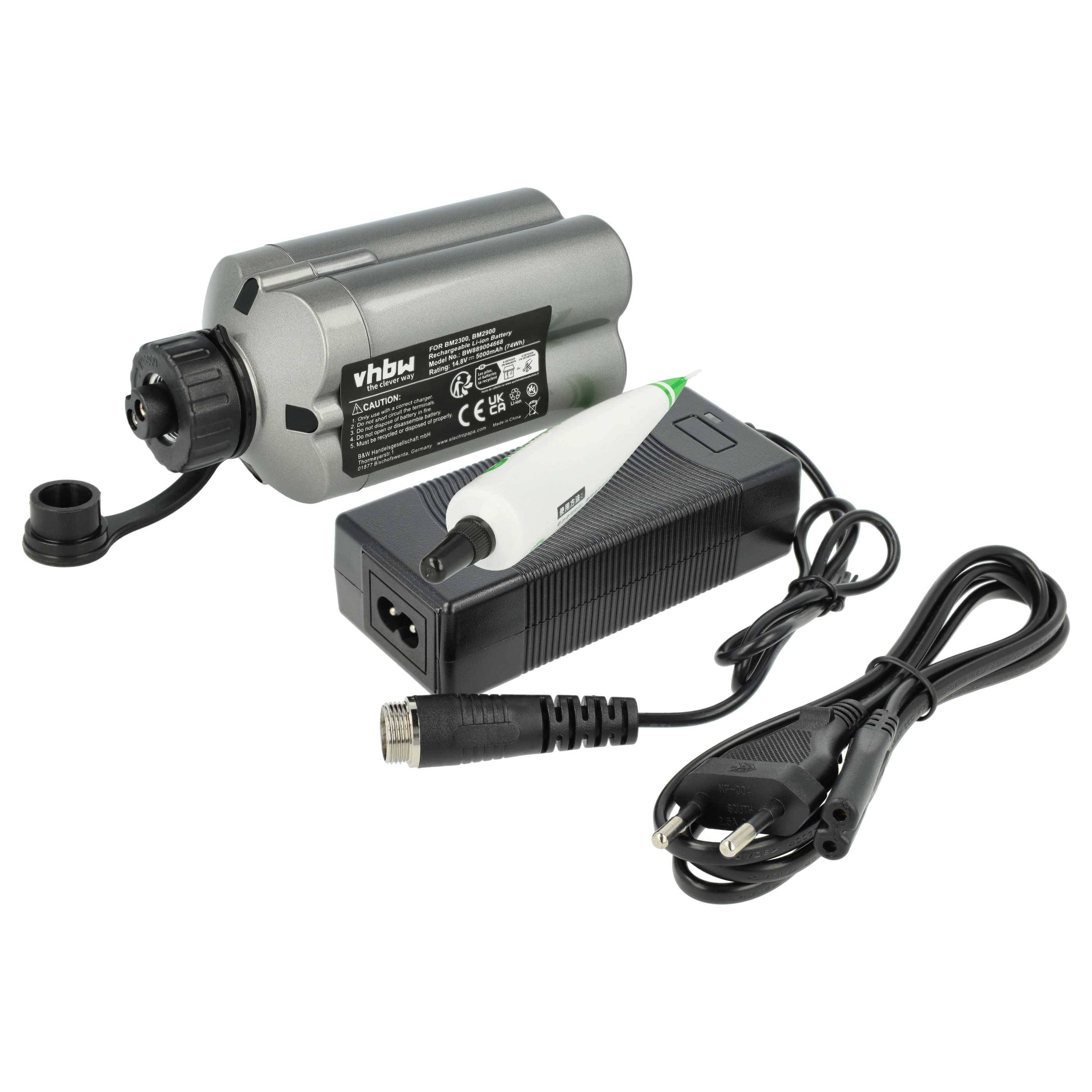 Ladegerät-Set bestehend aus einer grauen zylindrischen Batterie mit Deckel, einem schwarzen Netzteil und Verbindungskabeln.