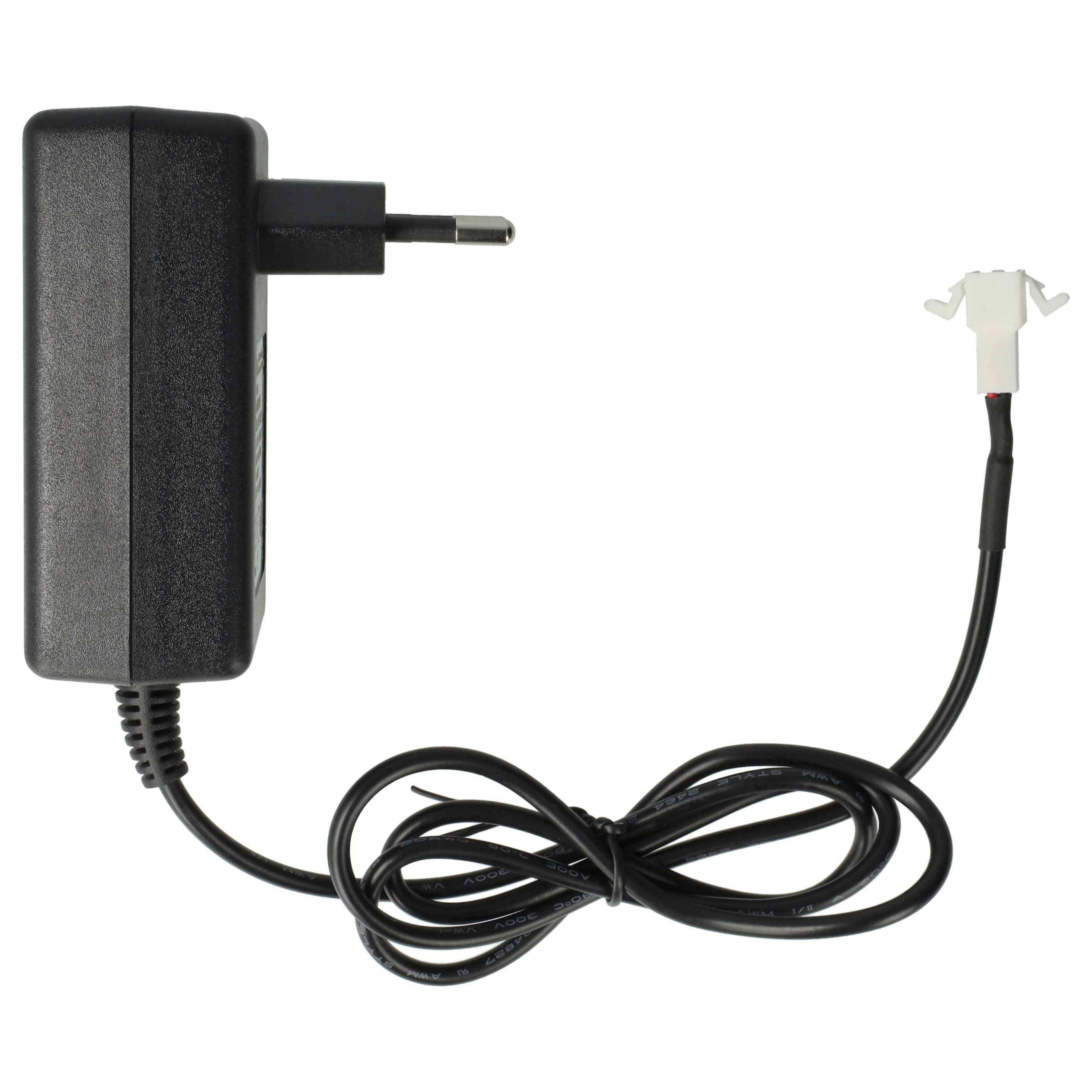 Ein schwarzes Netzteil mit einem europäischen Stecker auf der linken Seite und einem langen schwarzen Kabel, das in einen weißen Zweipolstecker auf der rechten Seite endet.