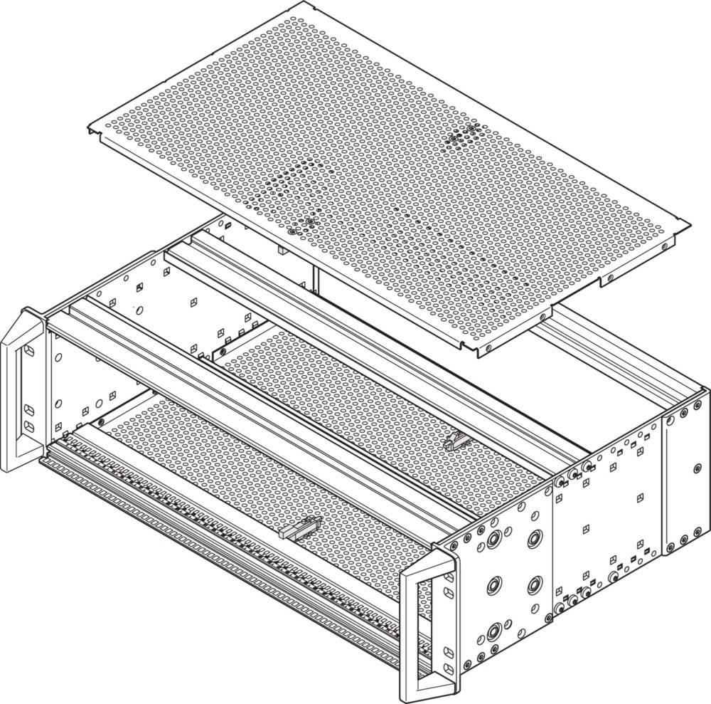 Eine isometrische Zeichnung eines Metallgehäuses, teilweise geöffnet, mit perforierten Komponenten, wahrscheinlich für elektronische Ausrüstung verwendet.
