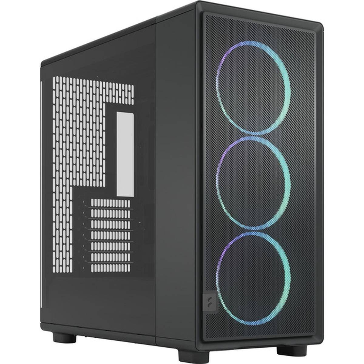 Ein schwarzer Computertower mit drei kreisförmigen RGB-Leuchten an der Frontplatte, ausgestattet mit einem Meshdesign für optimale Luftzirkulation.