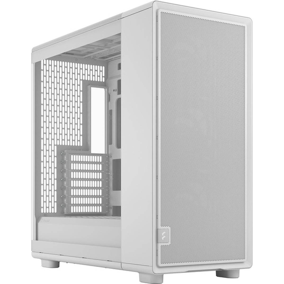Ein weißer Computer-Gehäuse mit einem Mesh-Frontpanel und Seitenlüftungsöffnungen, das auf vier kleine Füßchen steht und für Kühlung und Hardware-Anpassung konzipiert ist.